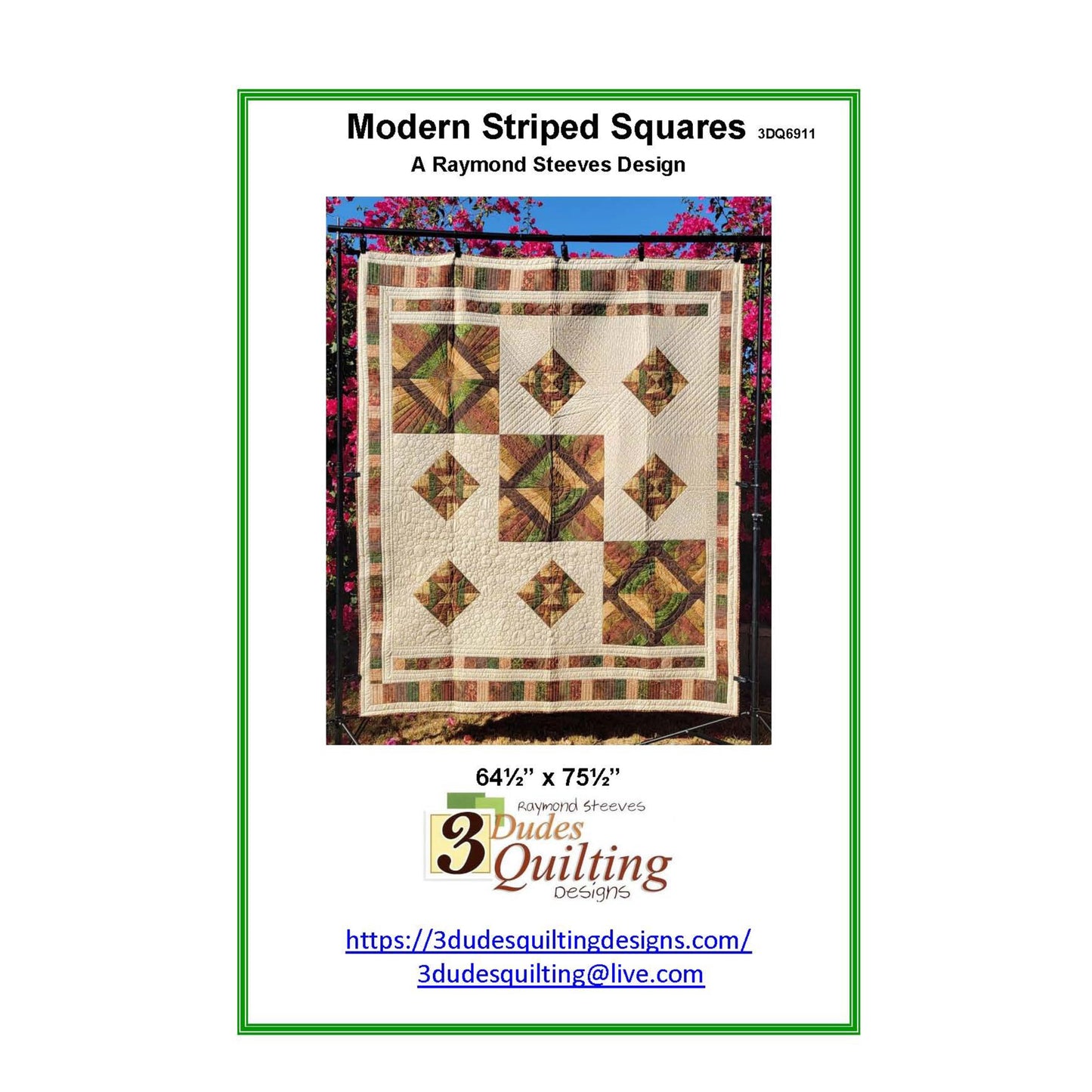 Quilt pattern cover with 'Modern Striped Squares' design by Raywood Sleeves, featuring a quilt with geometric pattern on a white background.