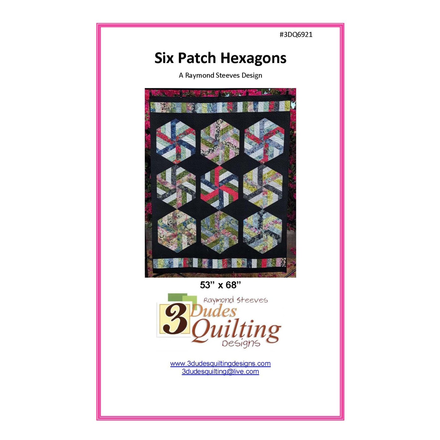 Six Patch Hexagons quilt pattern by 3 Dudes Quilting Designs with a pink border.