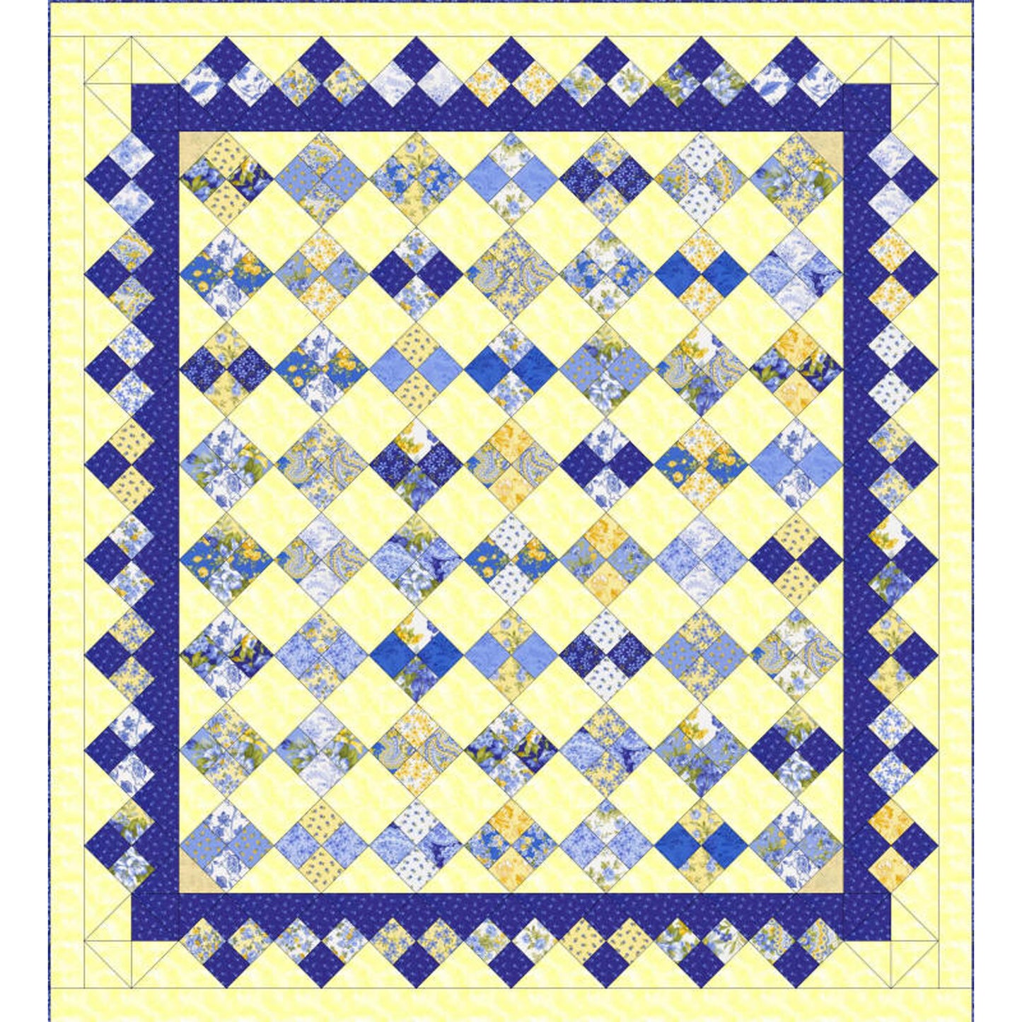 Quilt with blue and yellow diamond pattern on a white background