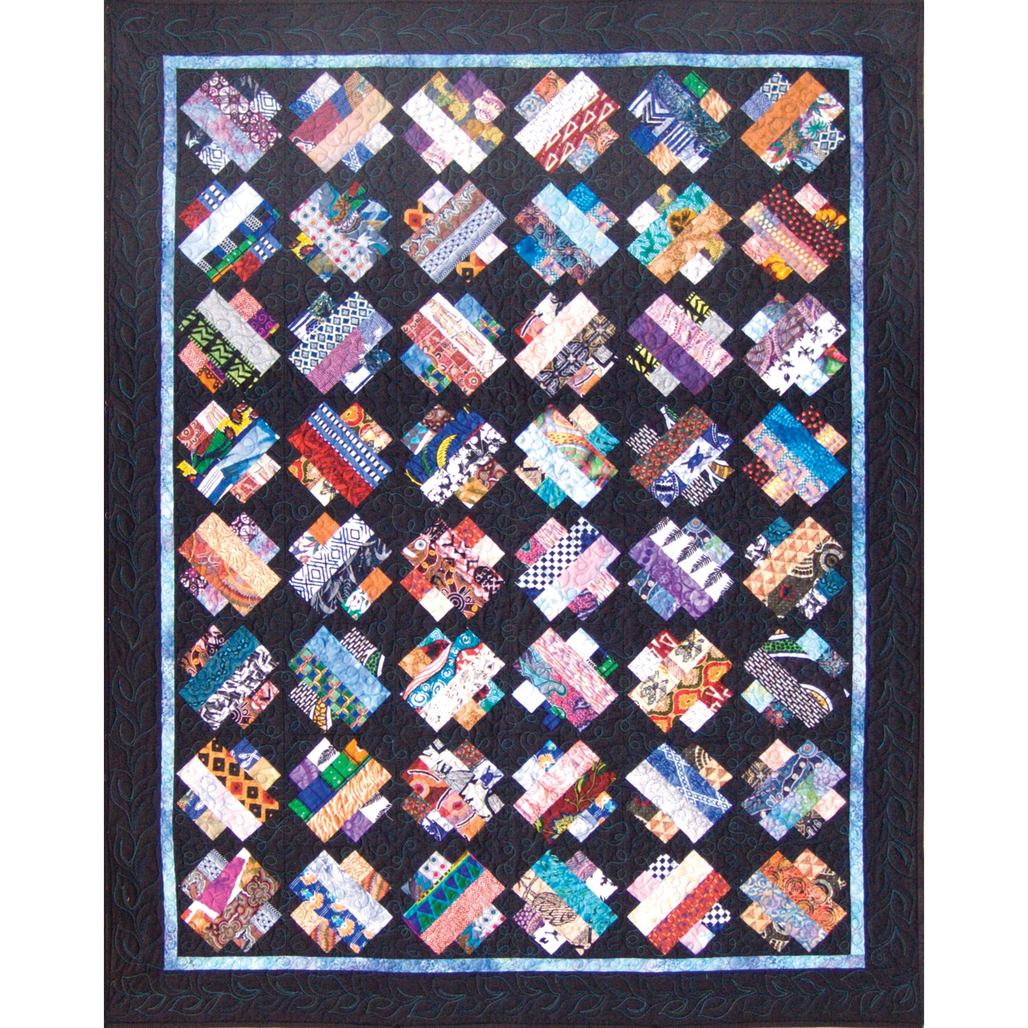 Fun quilt features color "coins" of color on a black background. Fun scrappy look.