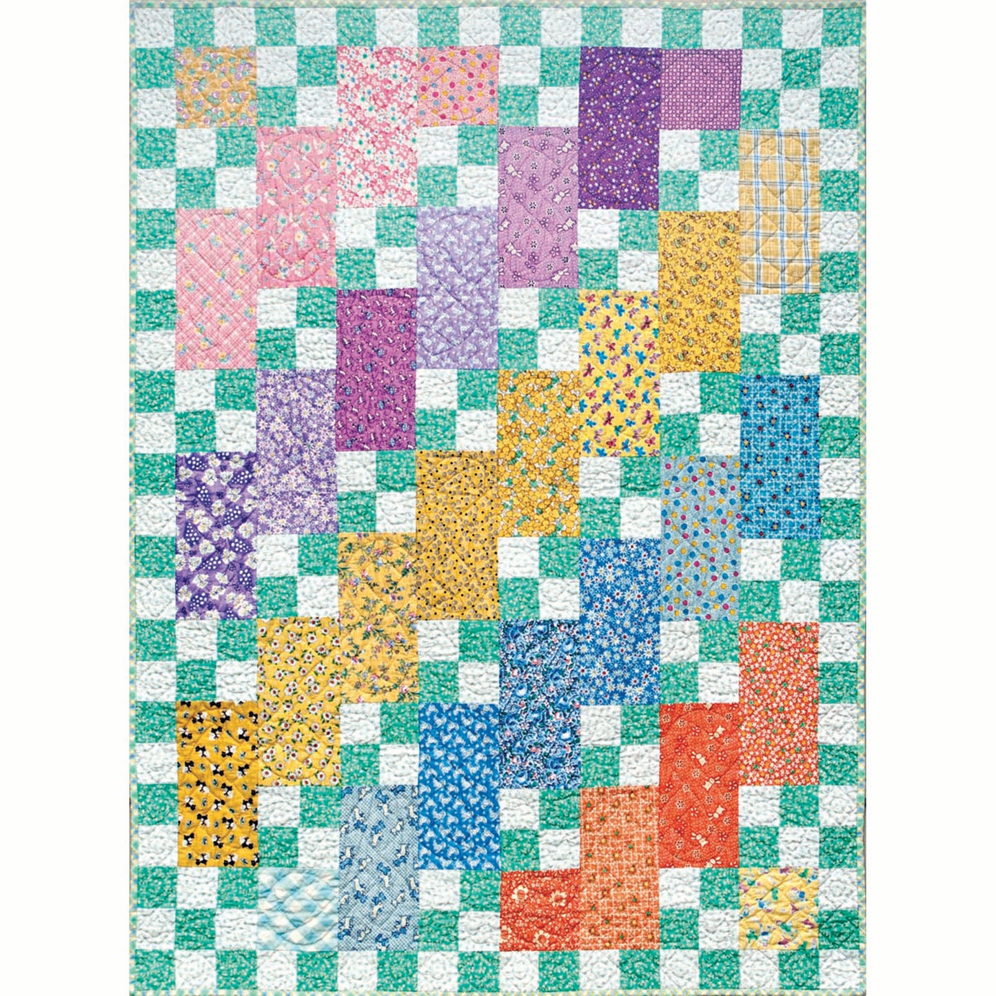 Adorable quilt features long rectangles of color with four patch blocks