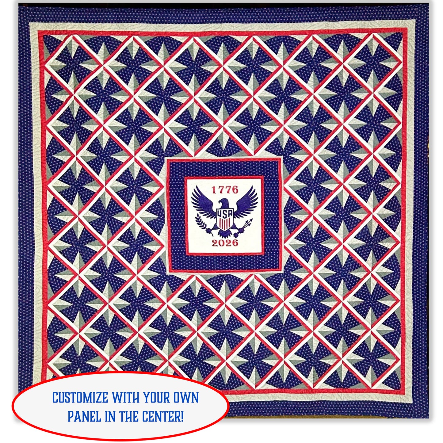 This quilt was designed to commemorate the semi-quincentennial, or 250th anniversary, of the United States of America. It features a mini panel for center and stars dissected with red and white lines to make diamonds around stars.