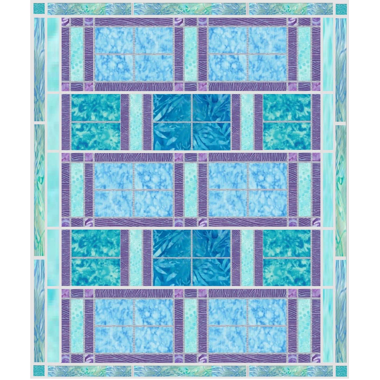 Beautiful king-sized quilt features rectangles of blue and aqua fabric with purple sashing between them giving it an elegant look and feel.