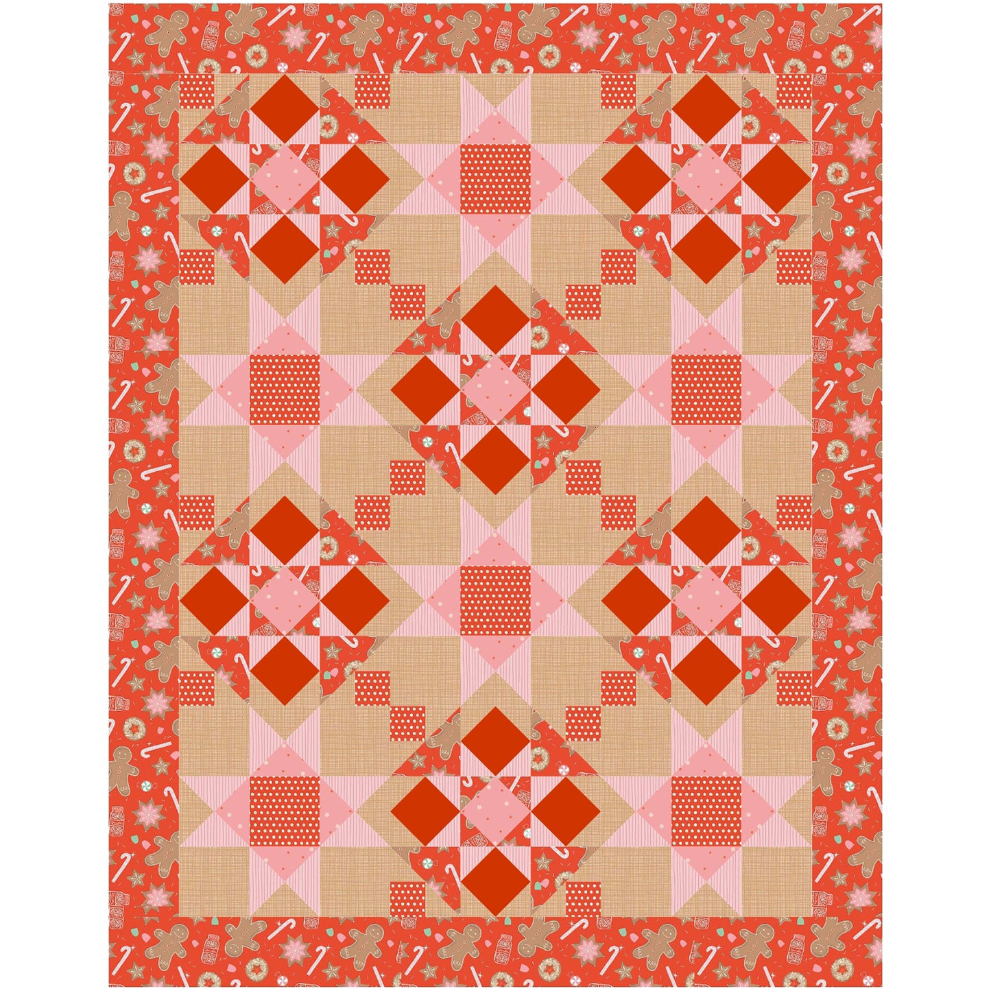 Festive quilt features red fabric with cookies and candy canes. Pieced into blasts of stars and diamond shapes with pink and cream fabrics added.