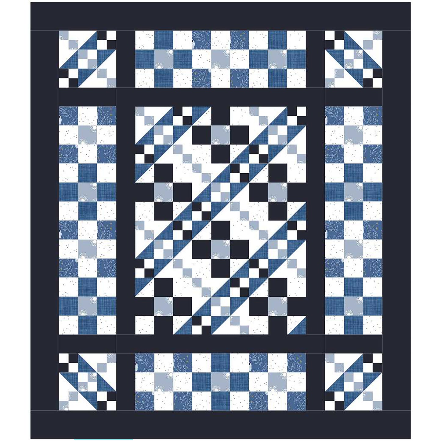Nine Patches are always fun and easy to make. Blue Jay quilt combined nine patches with chain blocks and a simple border.