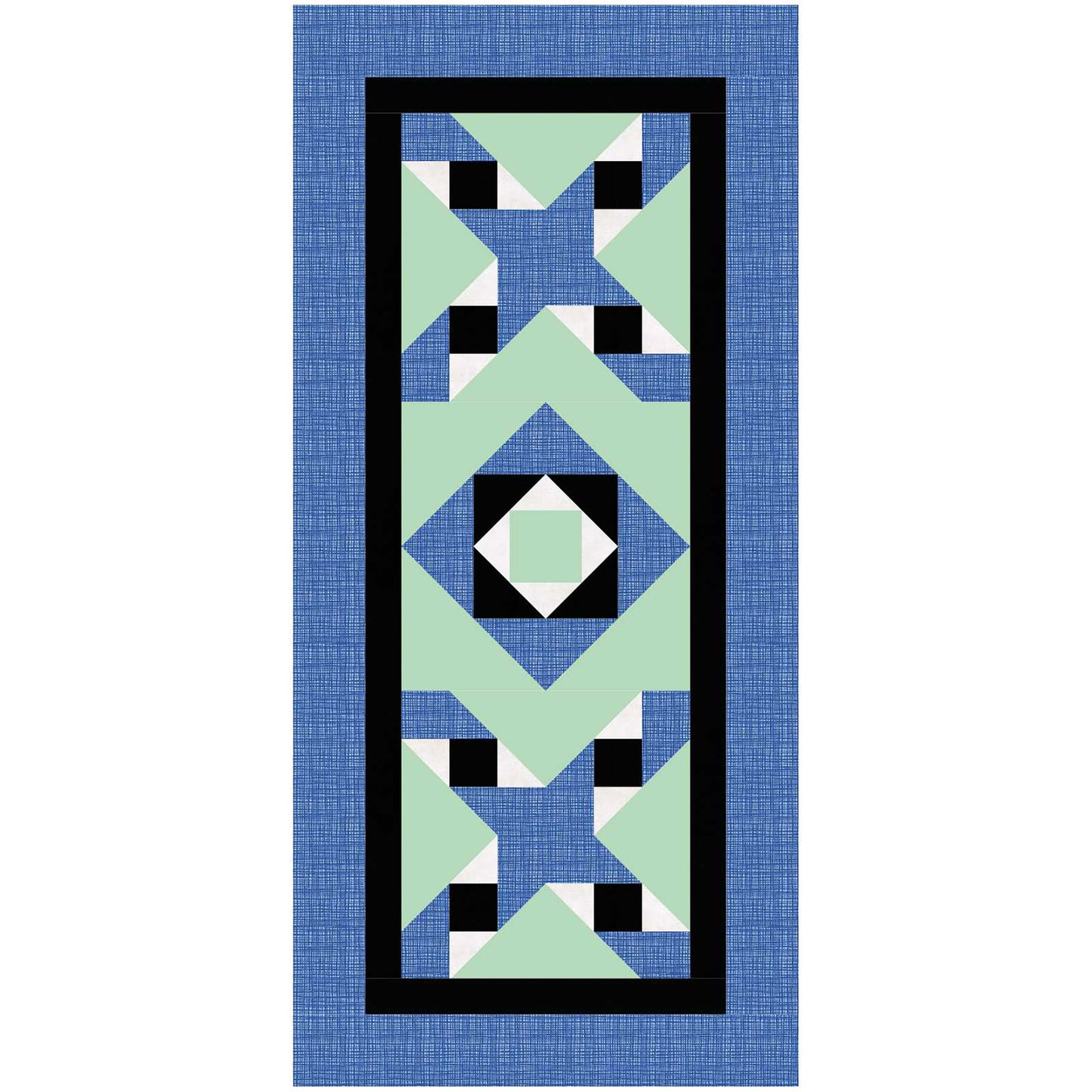Two element table runner features an X with a friendship star in the middle on the top and bottom with a square inside a square design in the middle. The color scheme is blue and green with small amount of white and black.