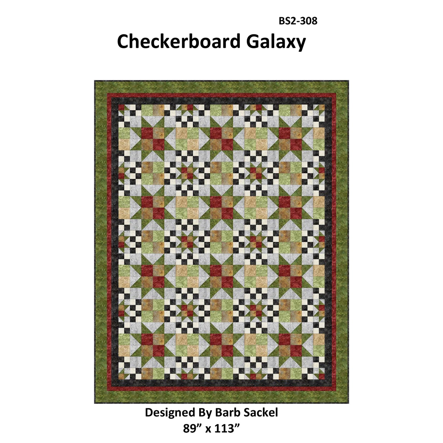 Quilt pattern with checkerboard galaxy design on a white background