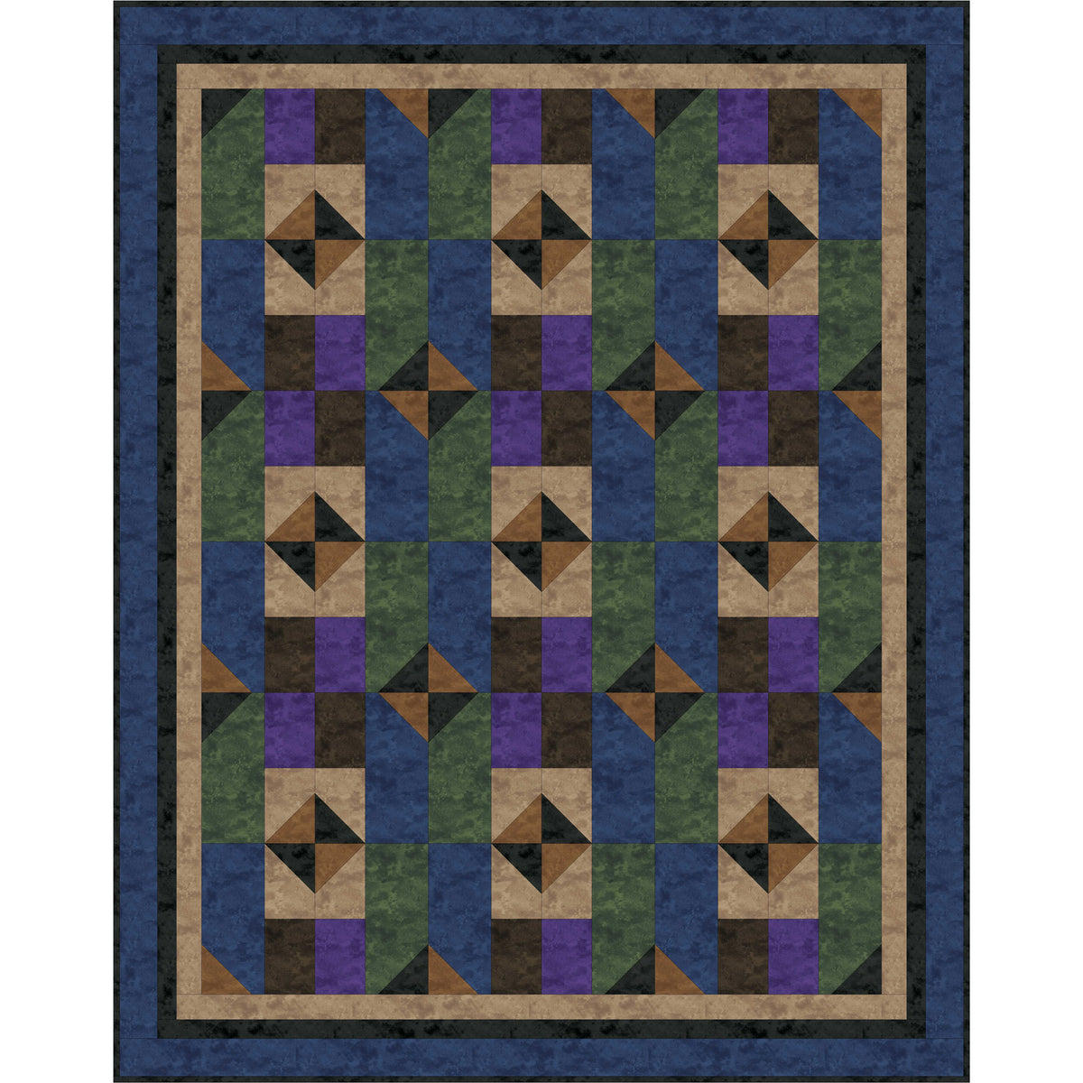 Quilt with geometric pattern in blue, green, and brown on a white background