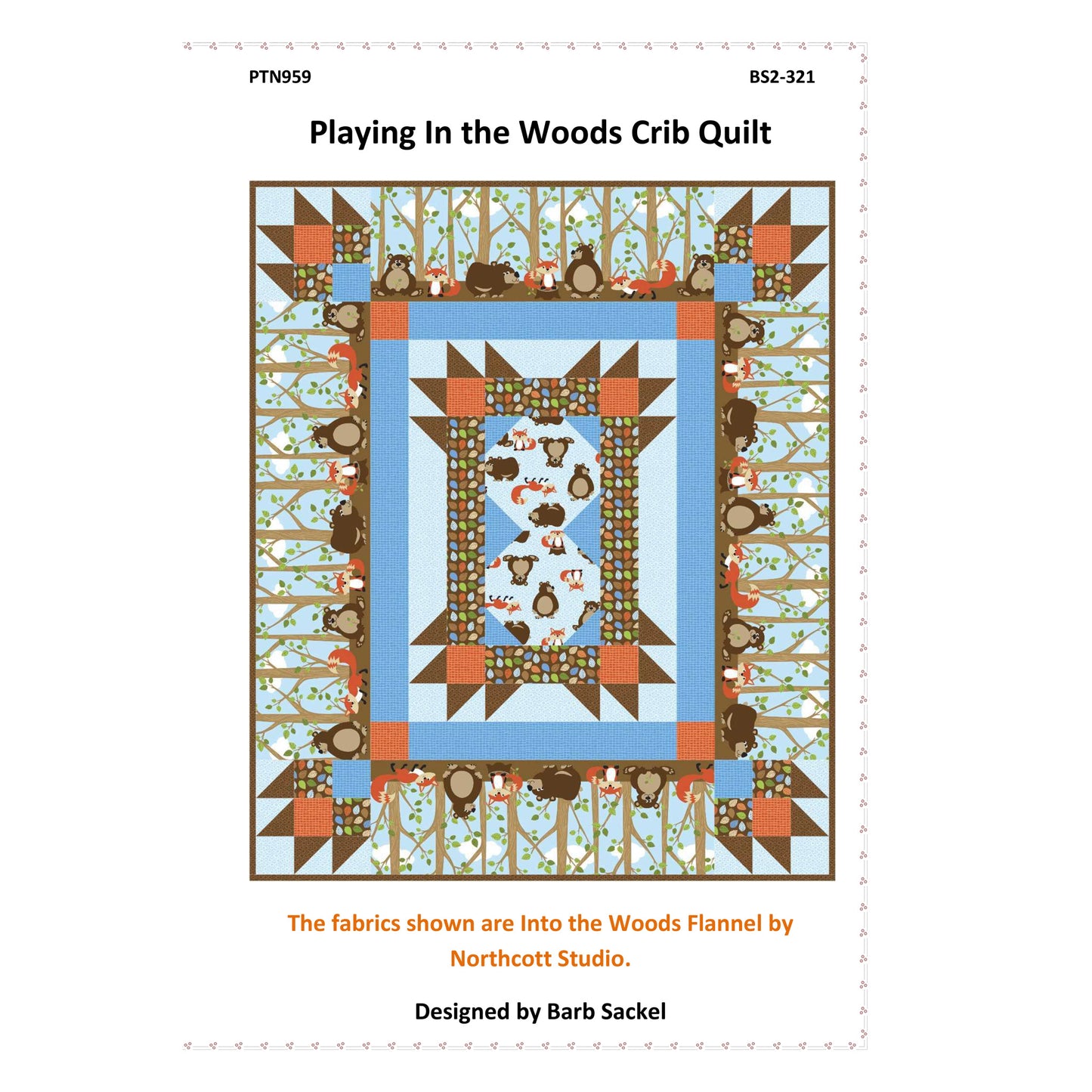 Quilt pattern cover titled 'Playing In the Woods Crib Quilt' with colorful design and text.