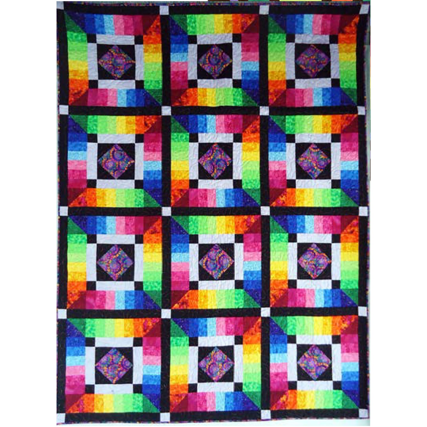 Colorful quilt with geometric pattern on a white background