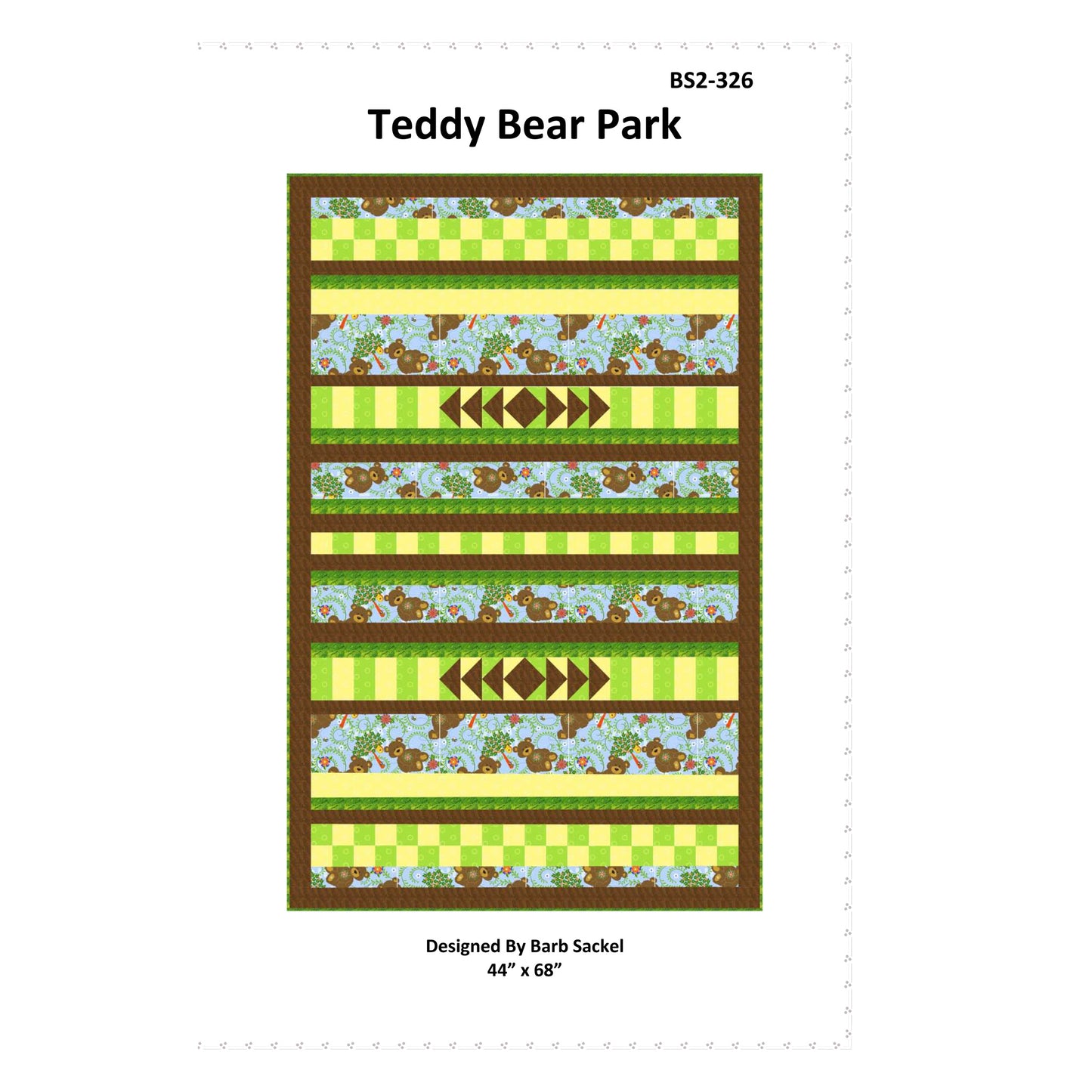 Quilt pattern fabric panel with 'Teddy Bear Park' design on a white background