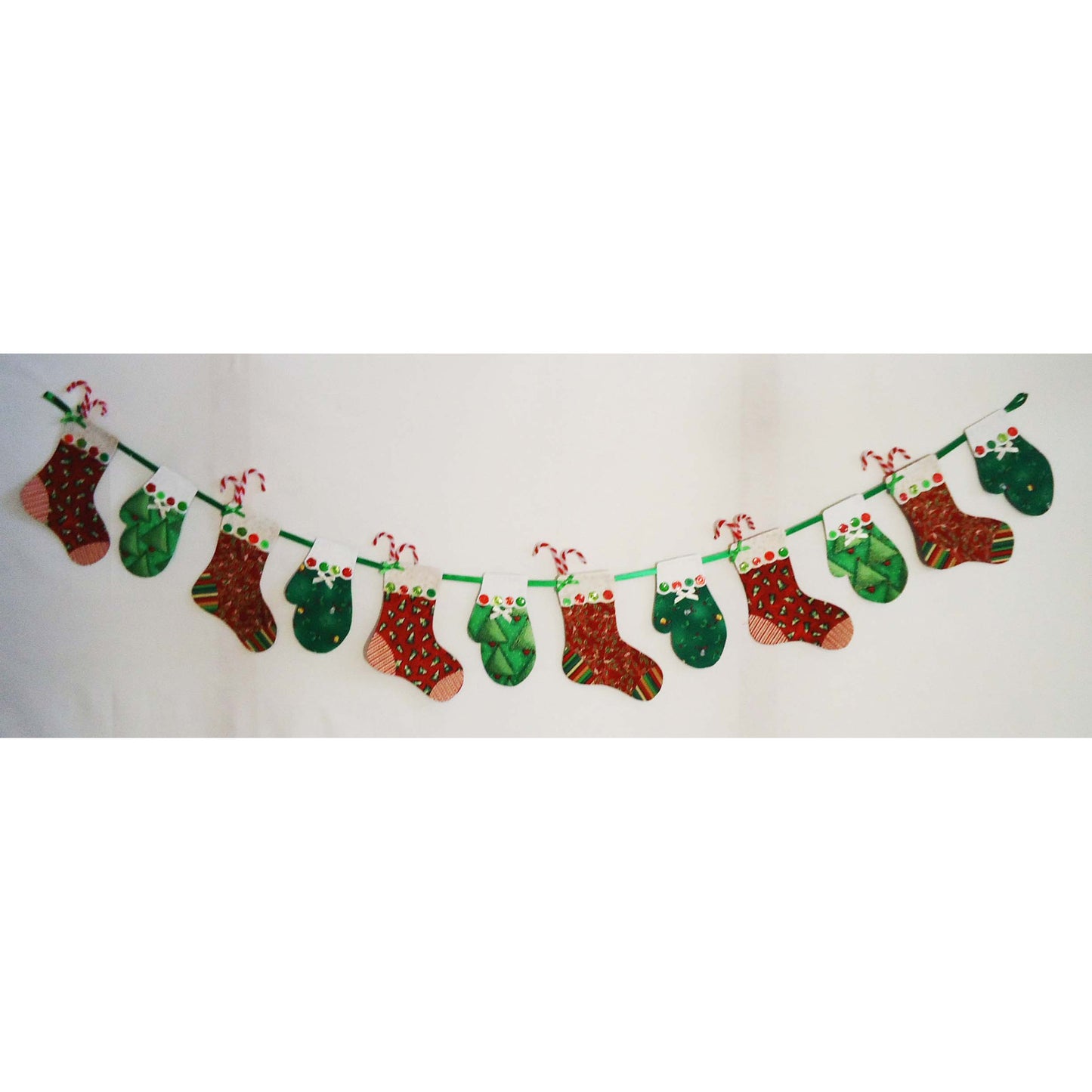 Stockings and Mittens Garland in Christmas fabrics.