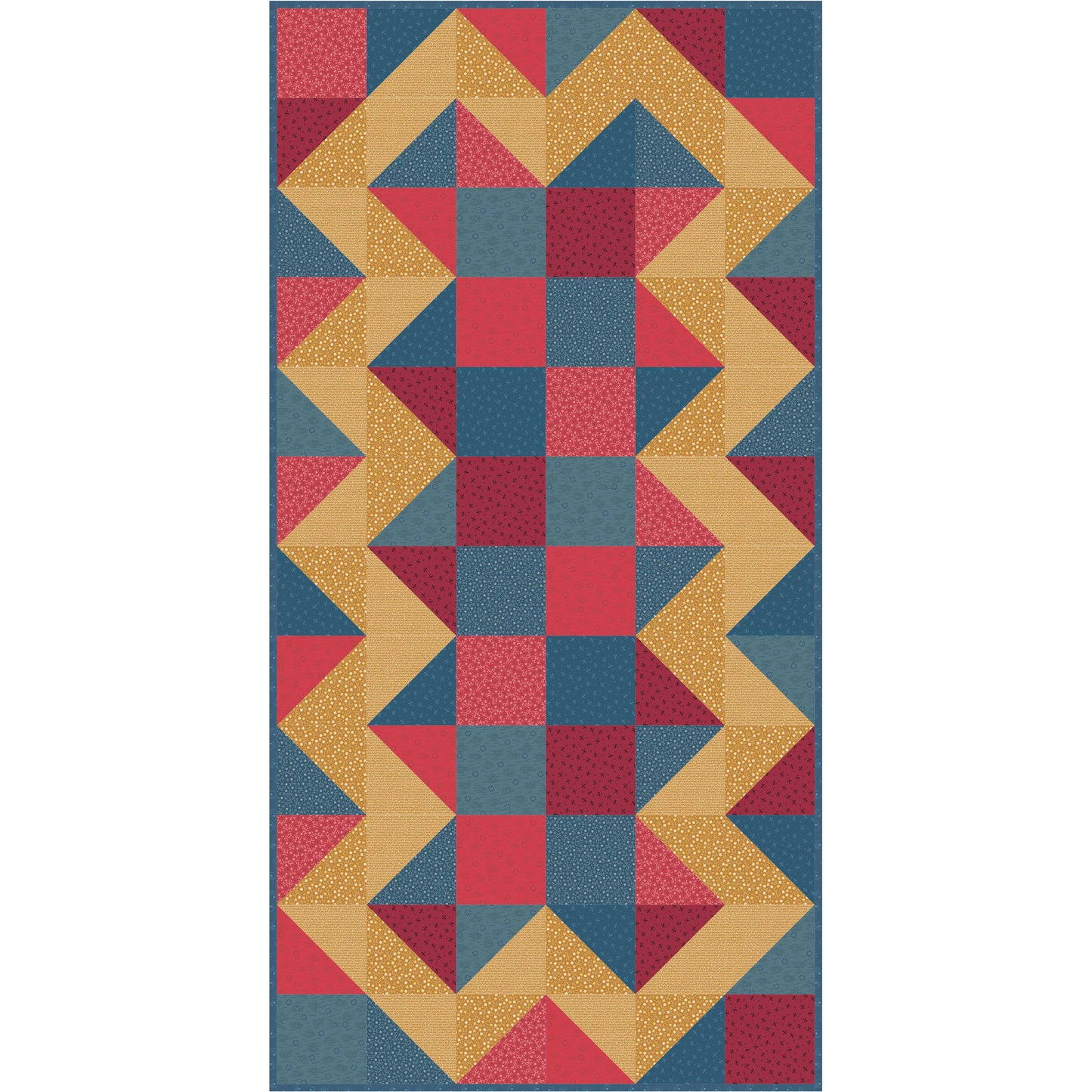 Beautiful quilt features blocks of color with a zig-zag pattern in contrasting pattern on the outside.