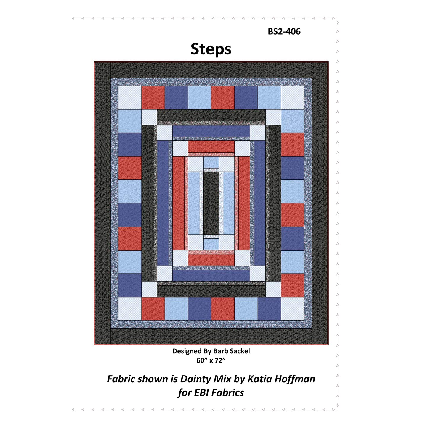 Quilt pattern with geometric design in red, blue, and black on a white background