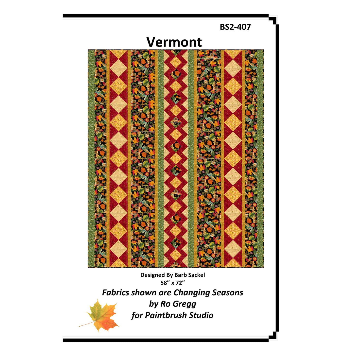 Quilt pattern with colorful striped design labeled 'Vermont' on a white background.