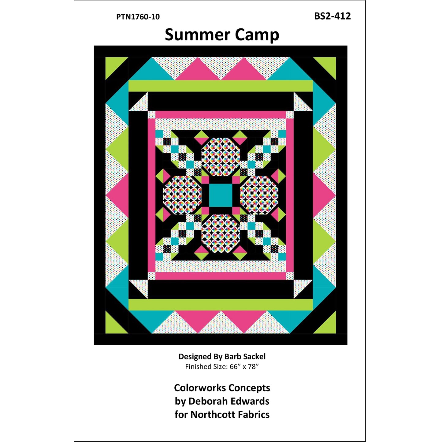 Quilt pattern cover for 'Summer Camp' with geometric design and colorful border.