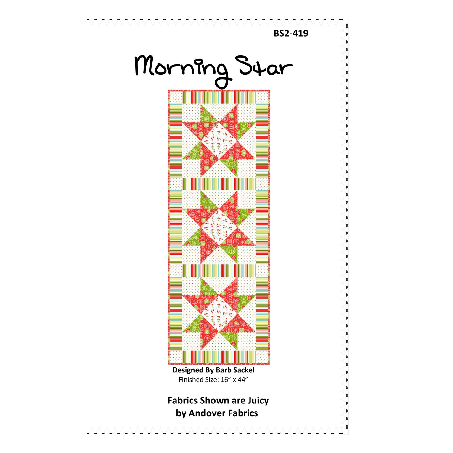 Quilt pattern packaging for 'Morning Star' with fabric design and Andover Fabrics branding.