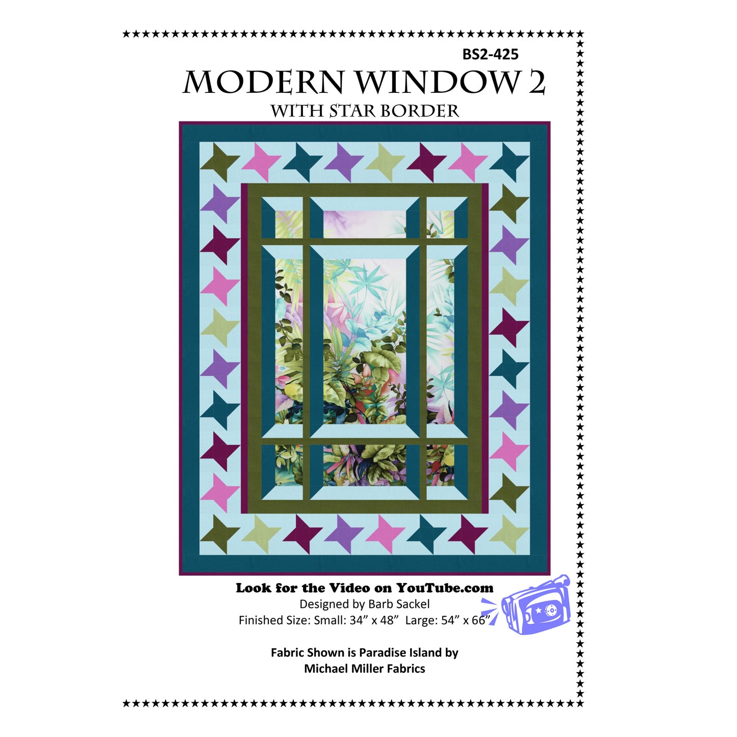 Quilt pattern cover titled 'Modern Window 2 with Star Border' by Barb Sacket, featuring a colorful window design.