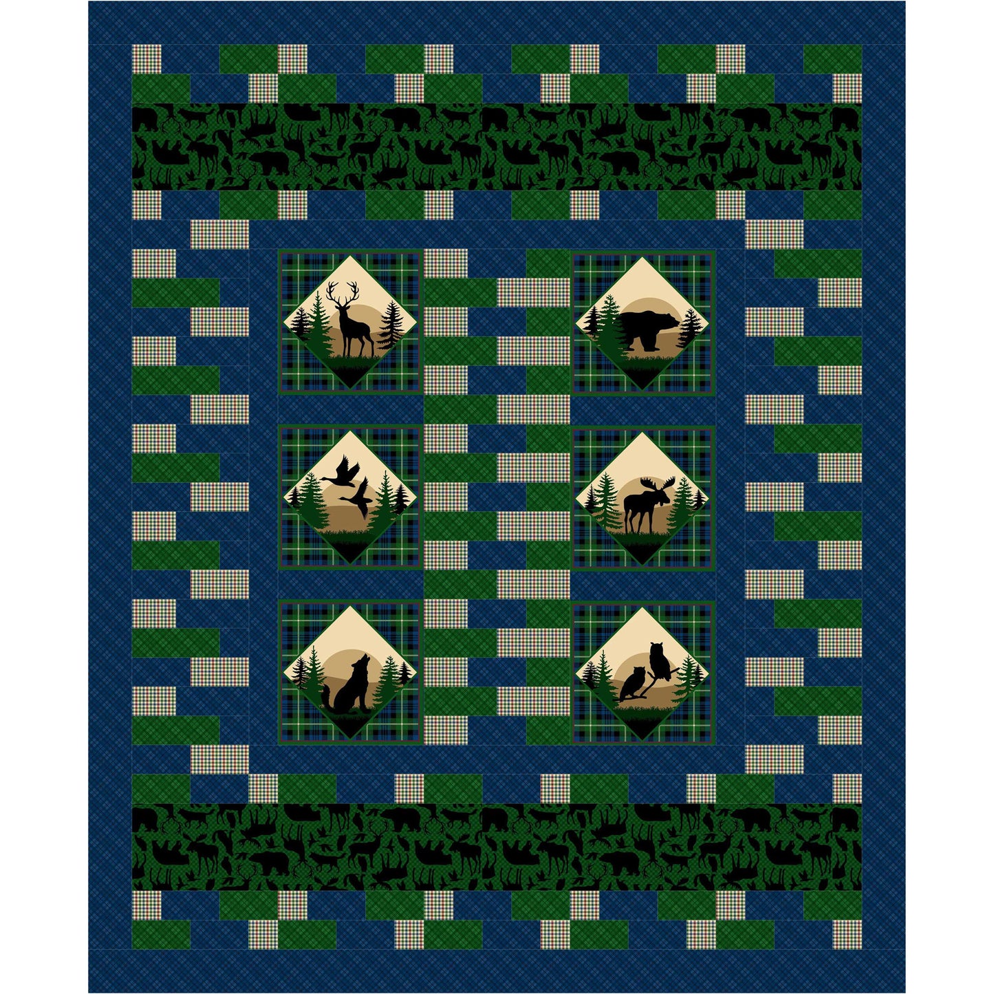 Quilt with nature-themed patterns featuring animals and trees on a blue background.
