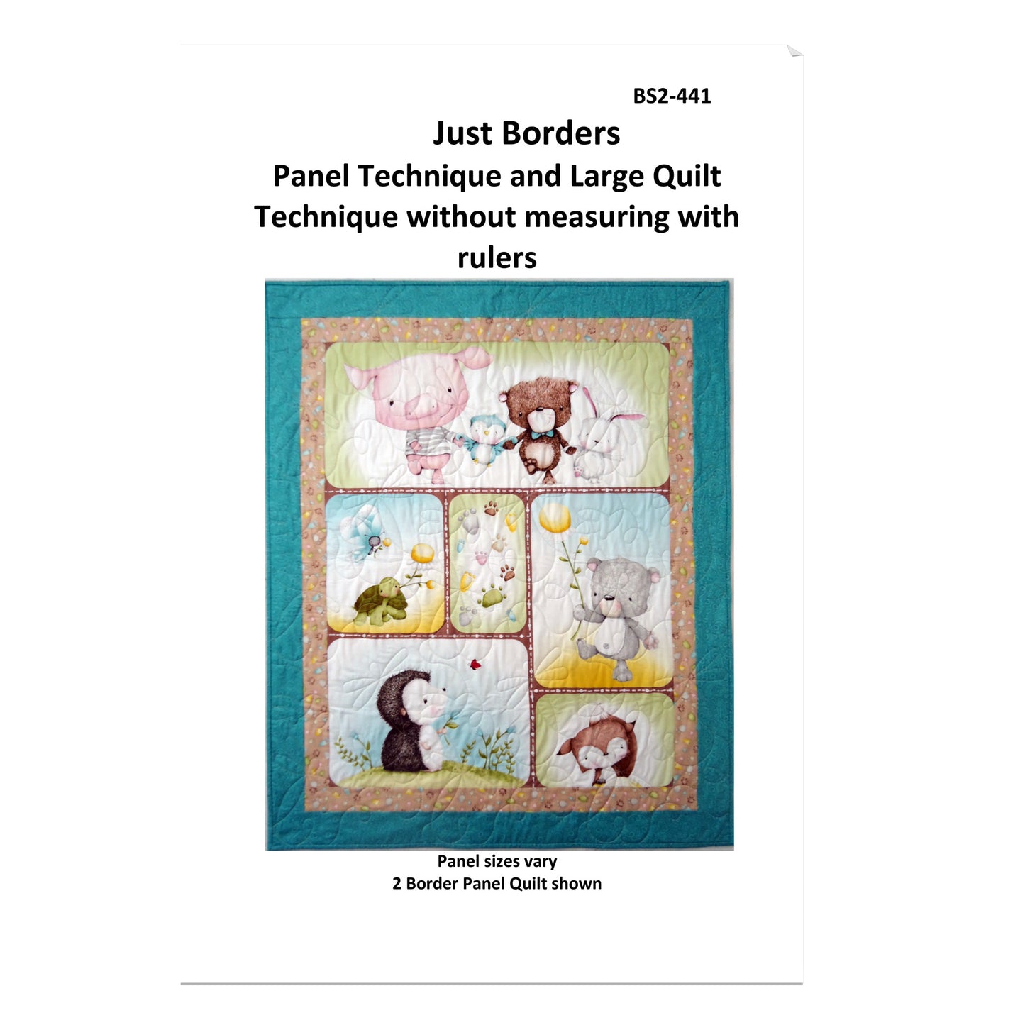 Quilt with animal illustrations and a teal border on a white background