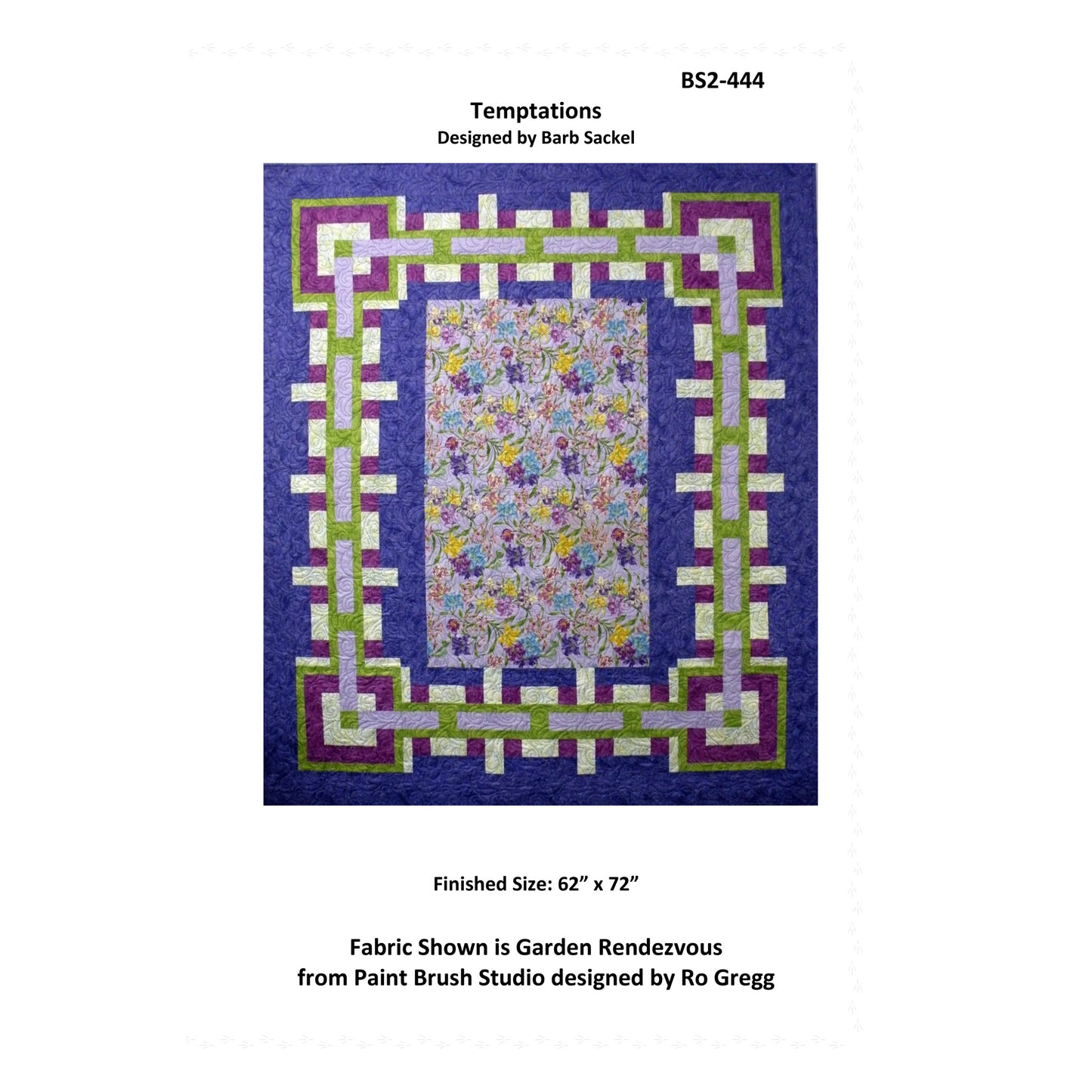 Quilt pattern with colorful border and floral center on a white background
