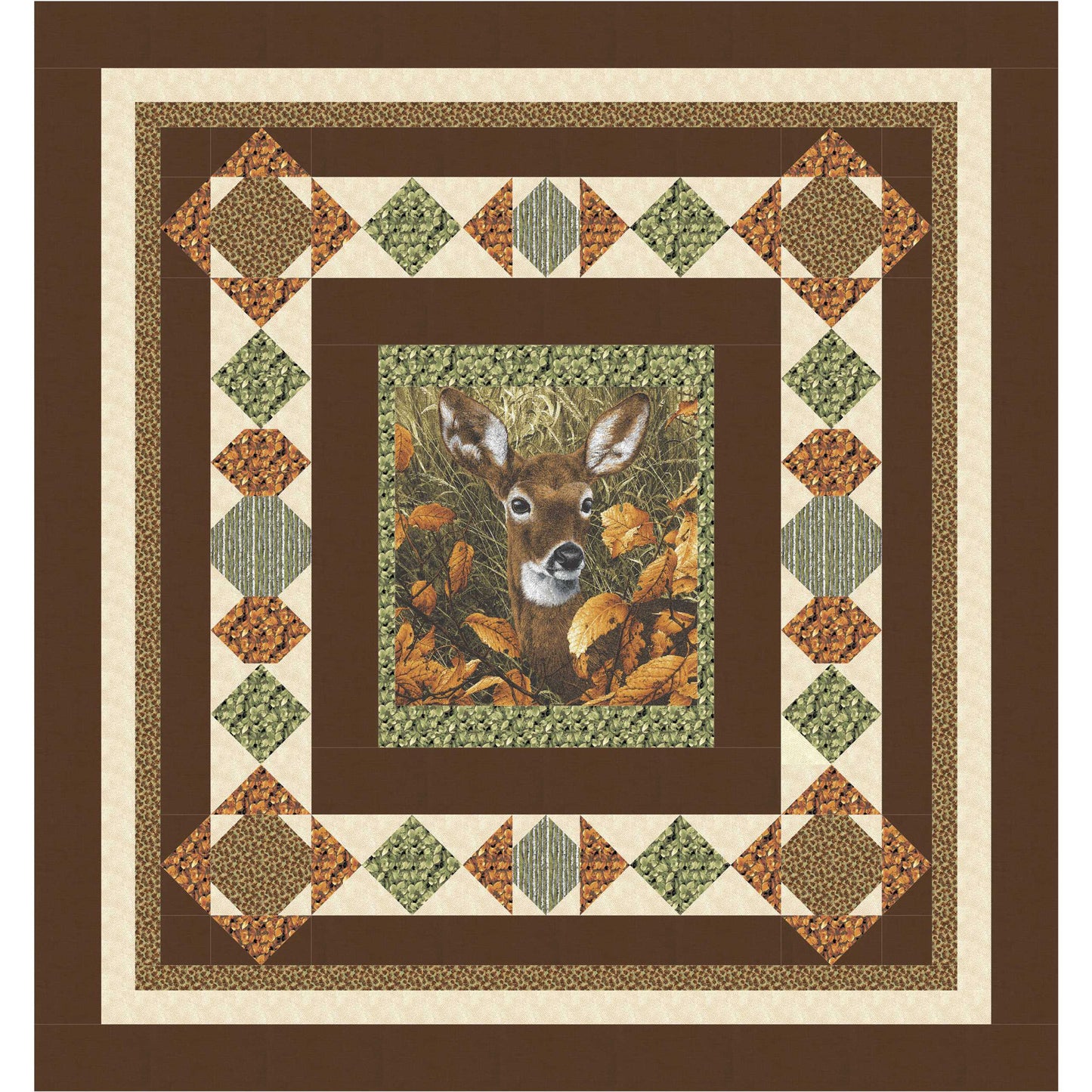 Quilt with a deer design in the center, surrounded by geometric patterns on a brown background