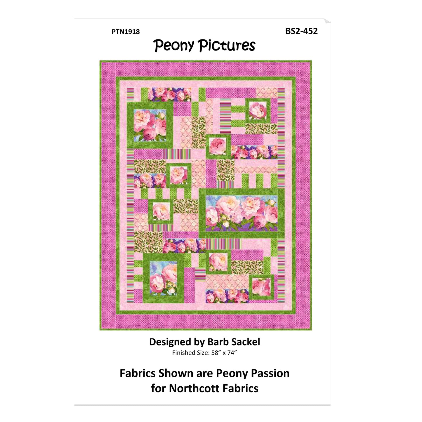 Quilt pattern cover with floral design and 'Peony Pictures' branding