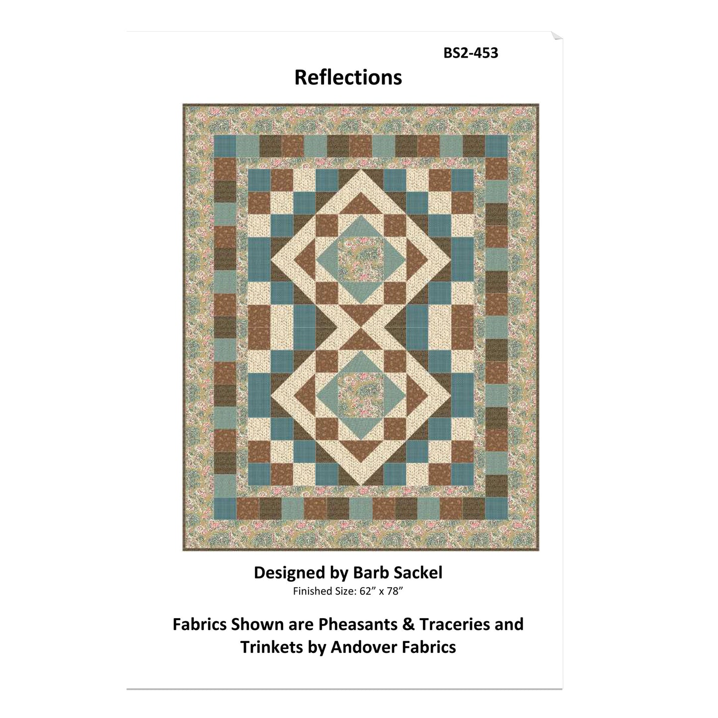 Quilt pattern titled 'Reflections' designed by Barb Sackel, featuring a geometric diamond pattern.