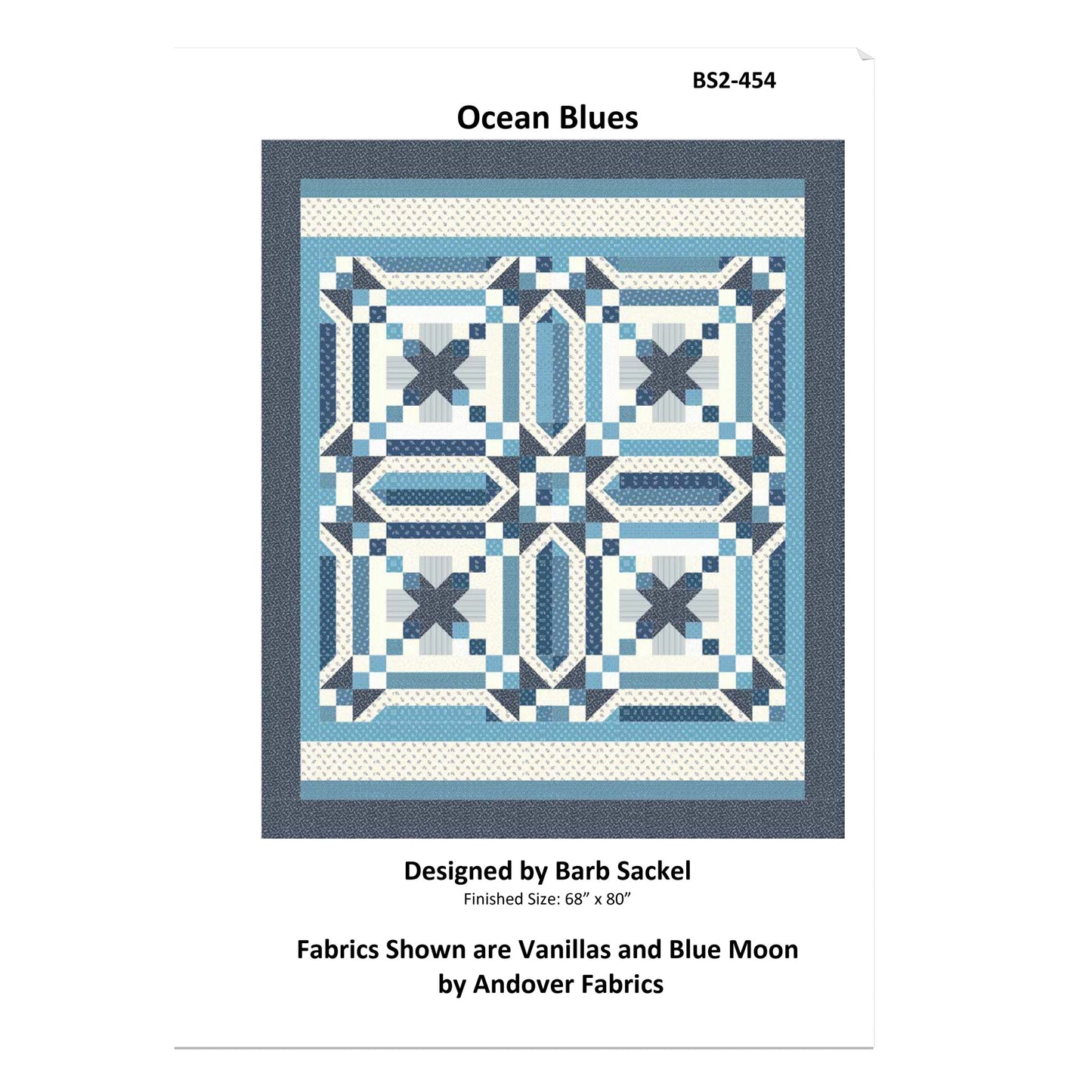 Quilt pattern cover titled 'Ocean Blues' by Barb Sackel with fabric information.