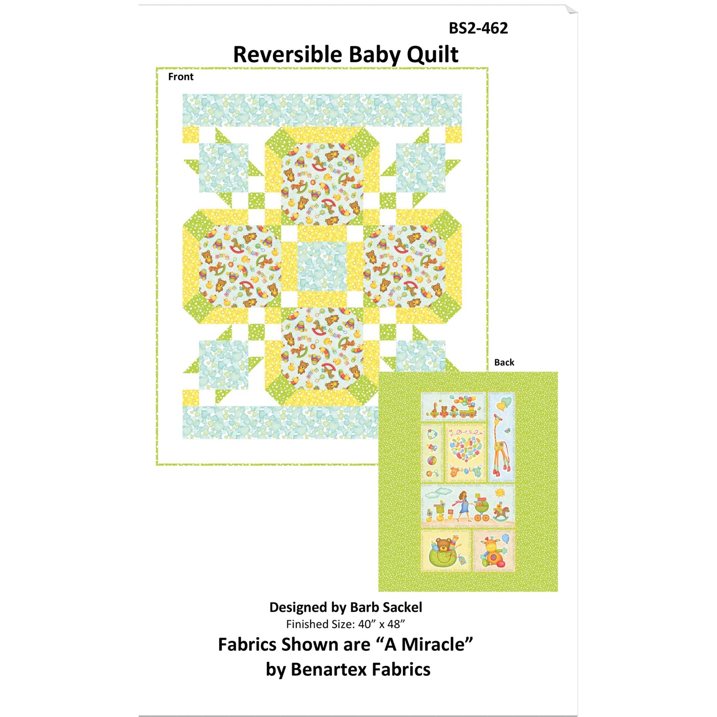 Reversible baby quilt pattern with front and back designs on a white background