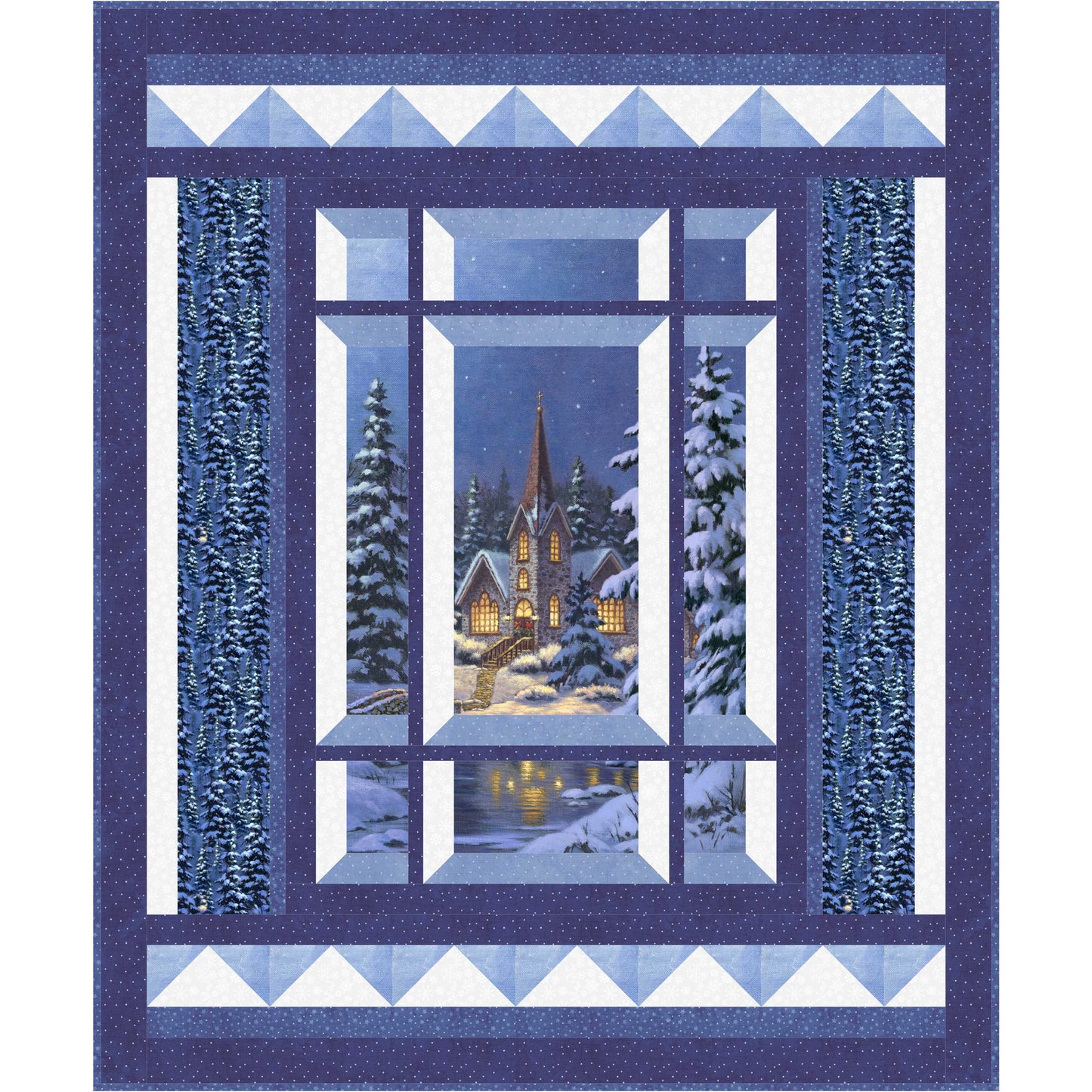 A quilt pattern featuring a window frame with a snowy rural scene, likely intended for a wall hanging.