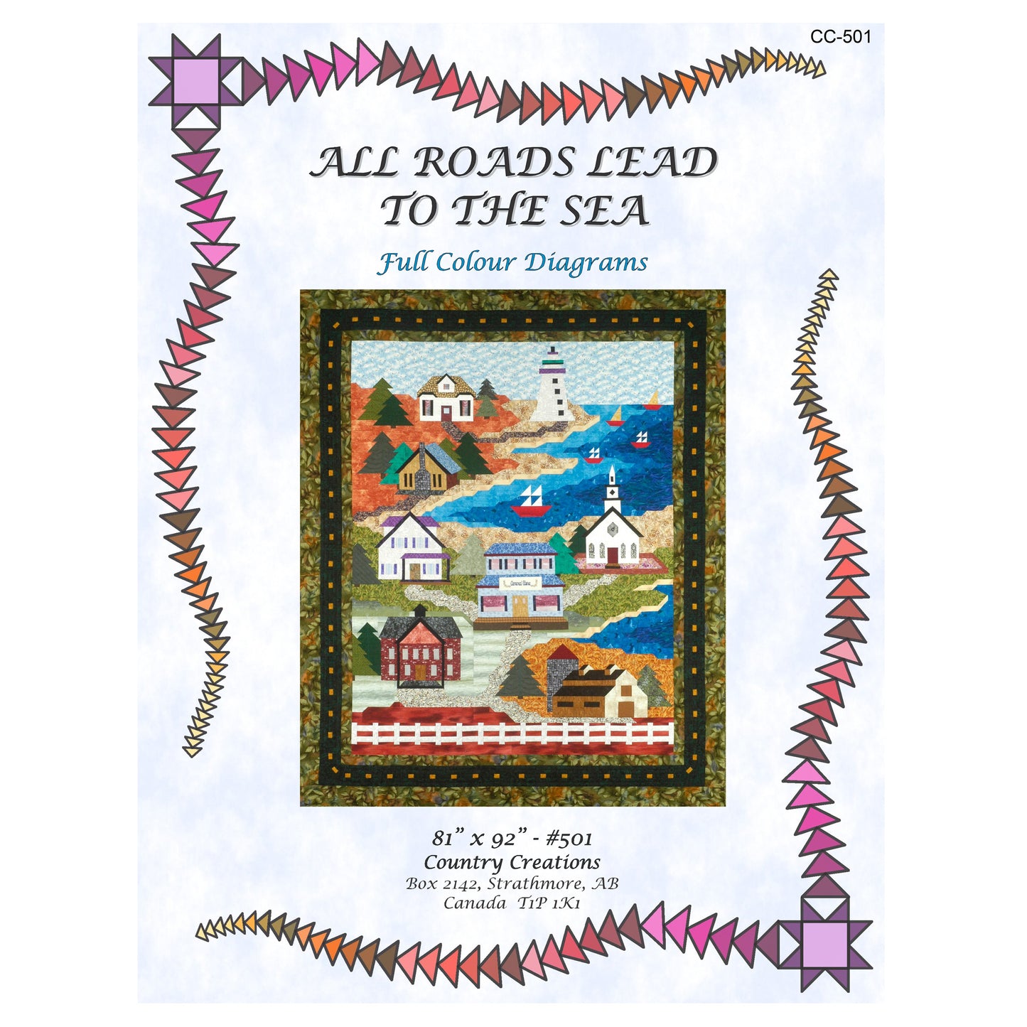 Quilt pattern cover titled 'All Roads Lead to the Sea' with colorful border and quilt illustration.