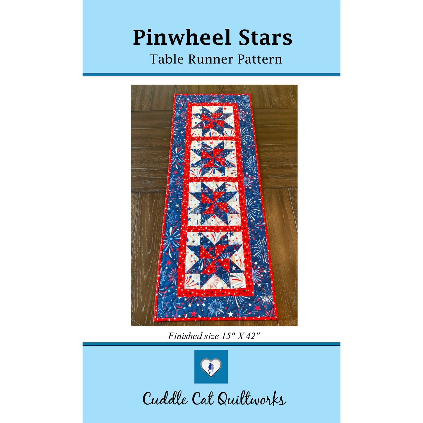 Image of the cover to the Pinwheel Stars Table Runner Pattern.