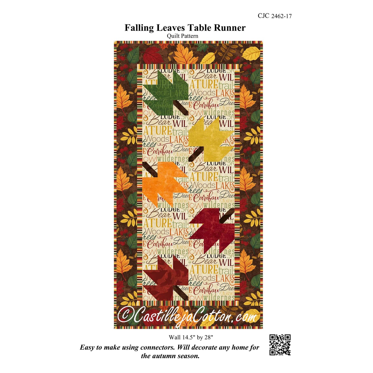 A quilt pattern cover for 'Falling Leaves Table Runner' by Castilleja Cotton, showing a rectangular autumn-themed quilt design with colorful fall leaves and a border of text and leaves on a white background.