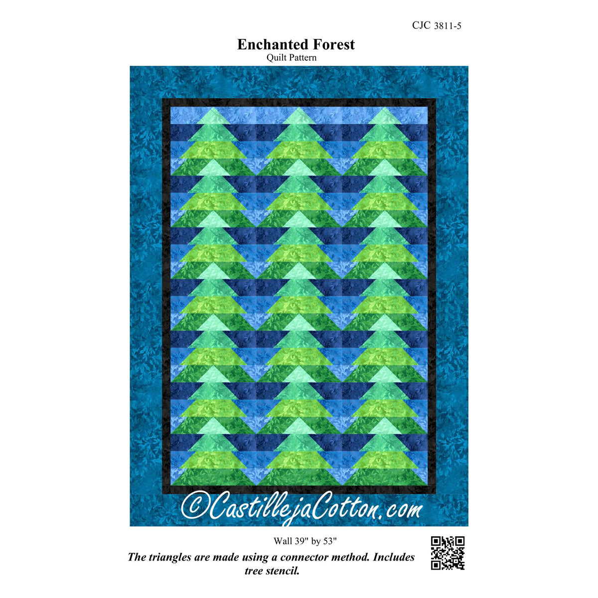 A quilt pattern cover for 'Enchanted Forest' by Castilleja Cotton, showing a quilt design with green and blue triangle trees on a blue patterned background. The cover includes product code CIC 3811-5, dimensions, and a QR code.