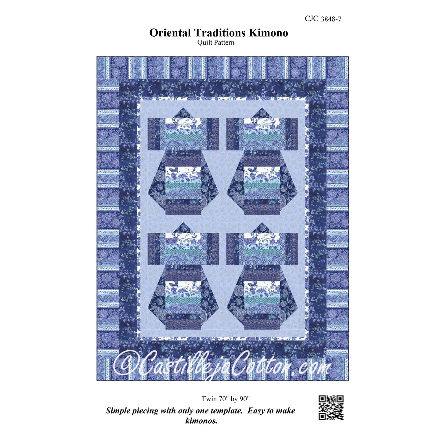 A quilt pattern cover for 'Oriental Traditions Kimono' by CastlejaCotton.com, showing a blue and white kimono-inspired quilt design with six central panels and a striped border on a white background.