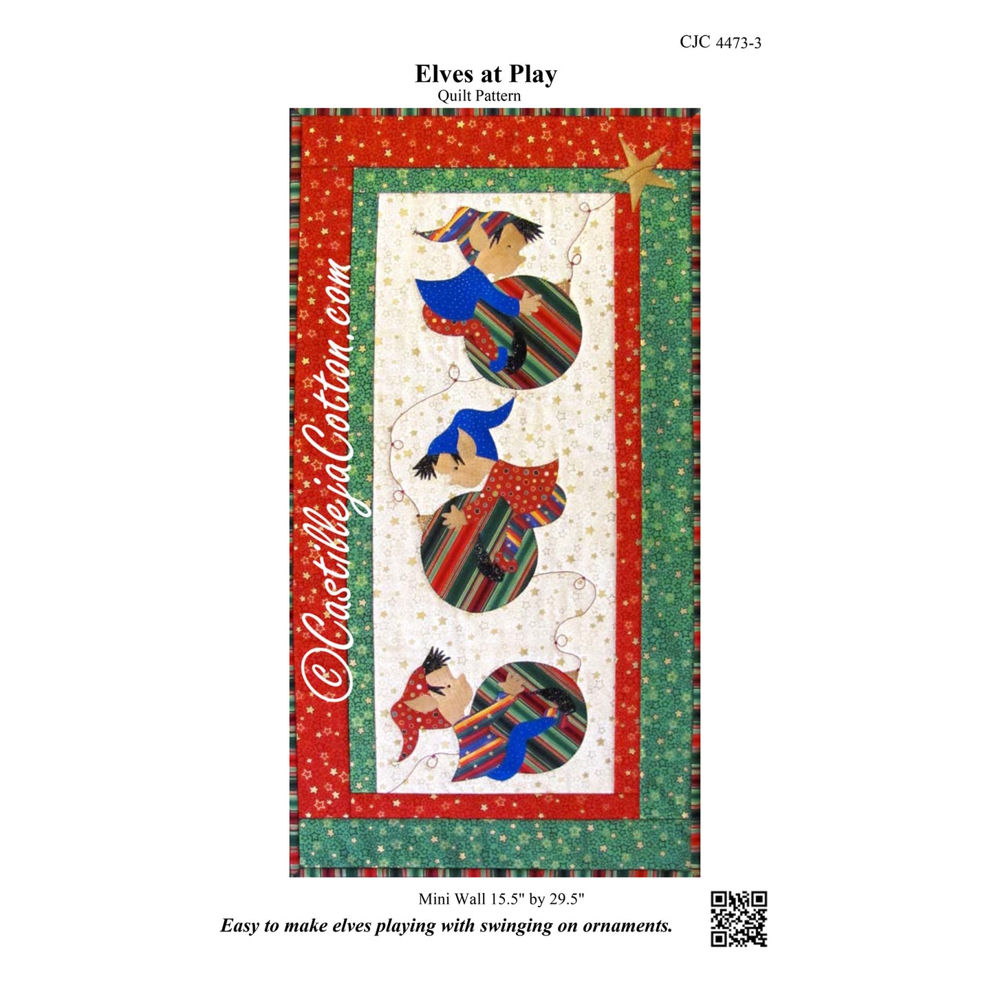 Quilt pattern cover for 'Elves at Play' with Christmas-themed design on a white background.