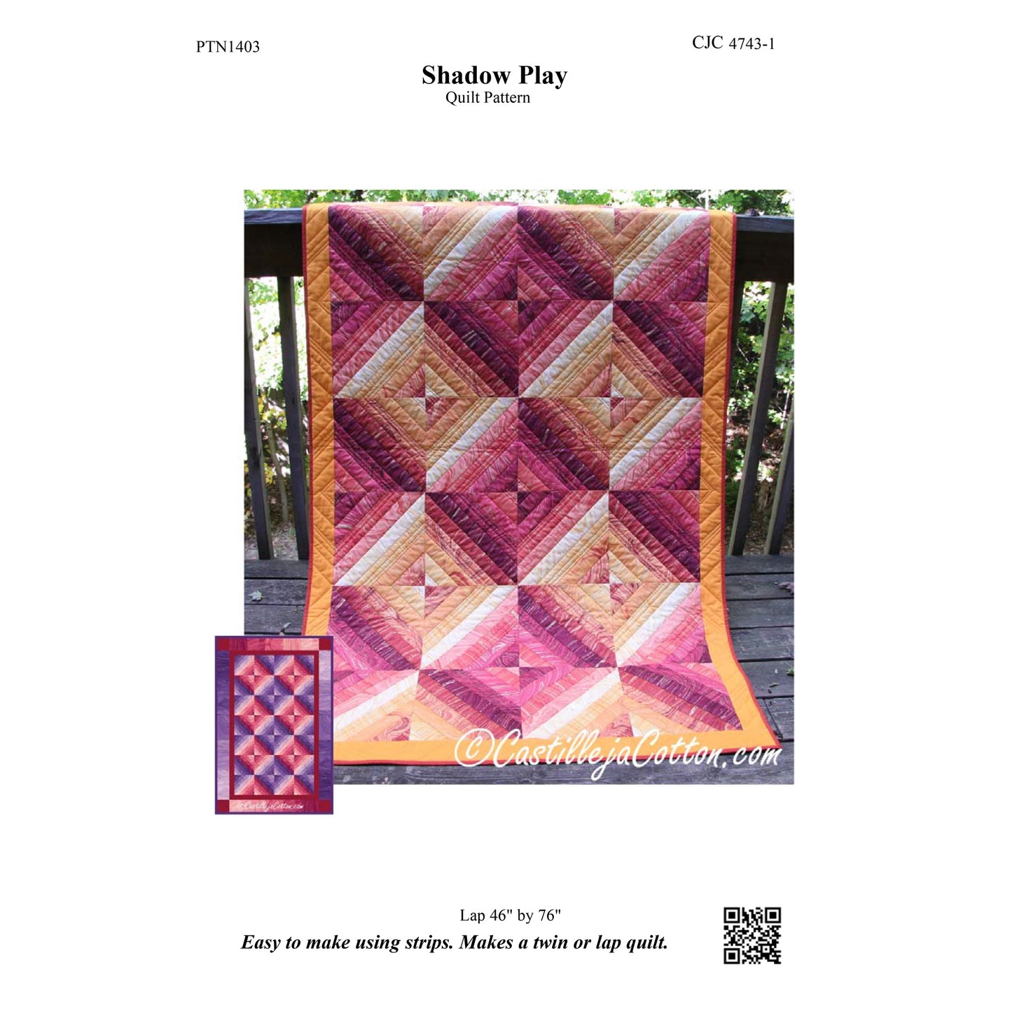 Image of the front cover for the Shadow Play quilt pattern by Diane McGregor of Castilleja Cotton.