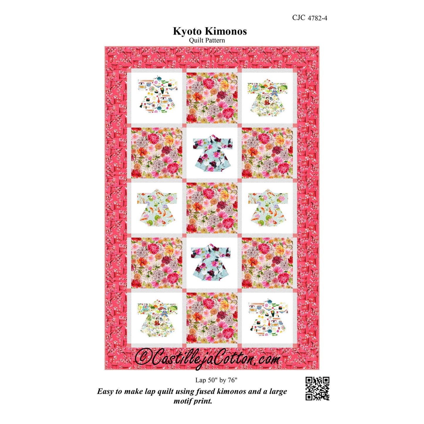 Quilt pattern cover for 'Kyoto Kimonos' by Castilleja Cotton with colorful kimono designs on a pink background.