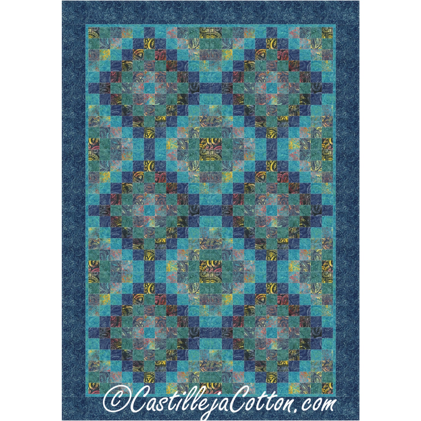 Blue and green quilt with square Bargello design, perfect for cozying up on chilly nights.