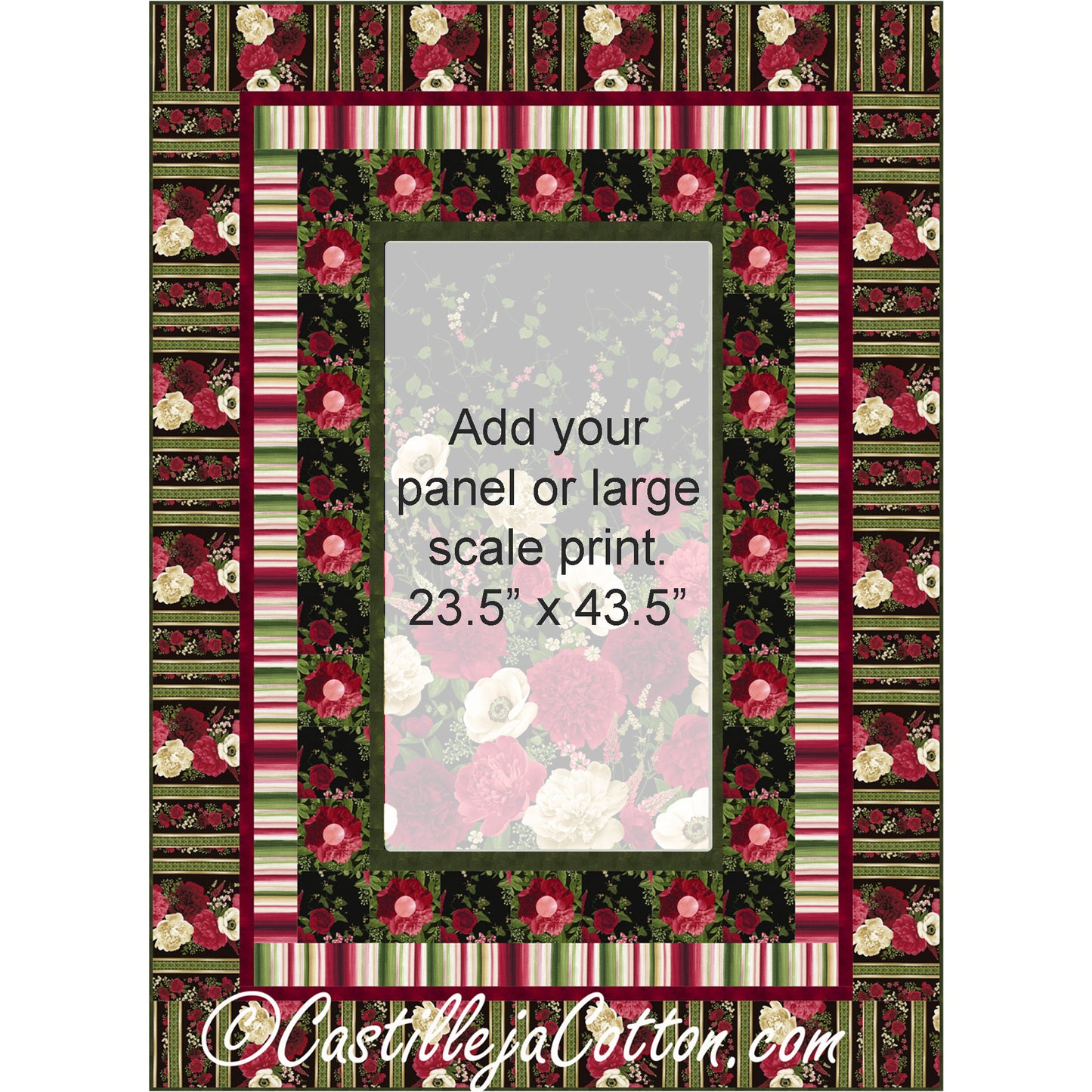 Fabric panel quilt with a center rectangle surrounded by an appliqued flower border.