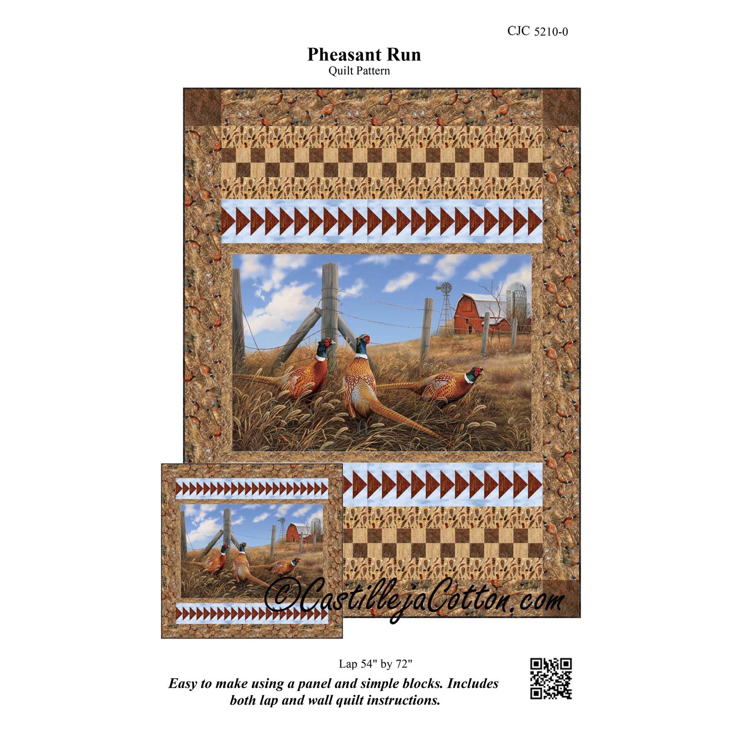 Image of the front cover of the Pheasant Run quilt pattern by Castilleja Cotton.