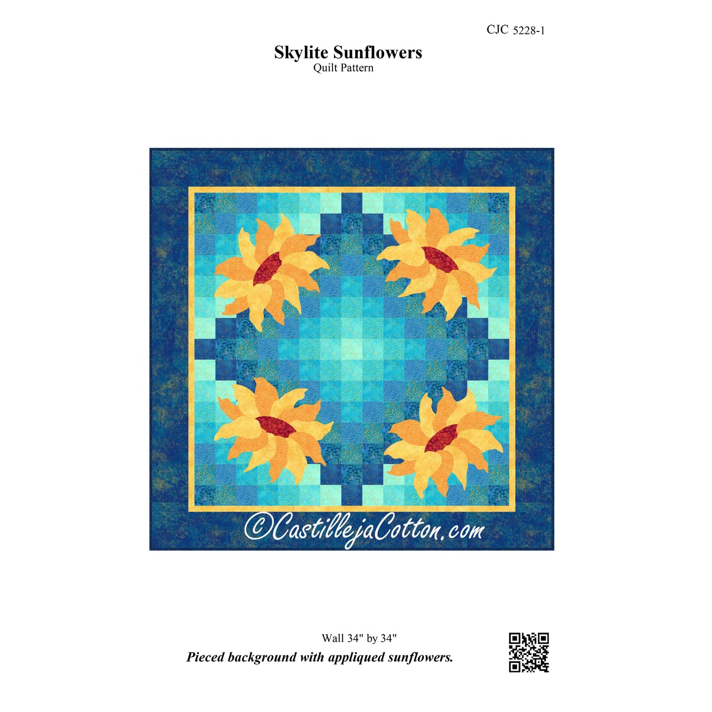 Image of the front cover of the Skylite Sunflowers quilt pattern by Diane McGregor of Castilleja Cotton.