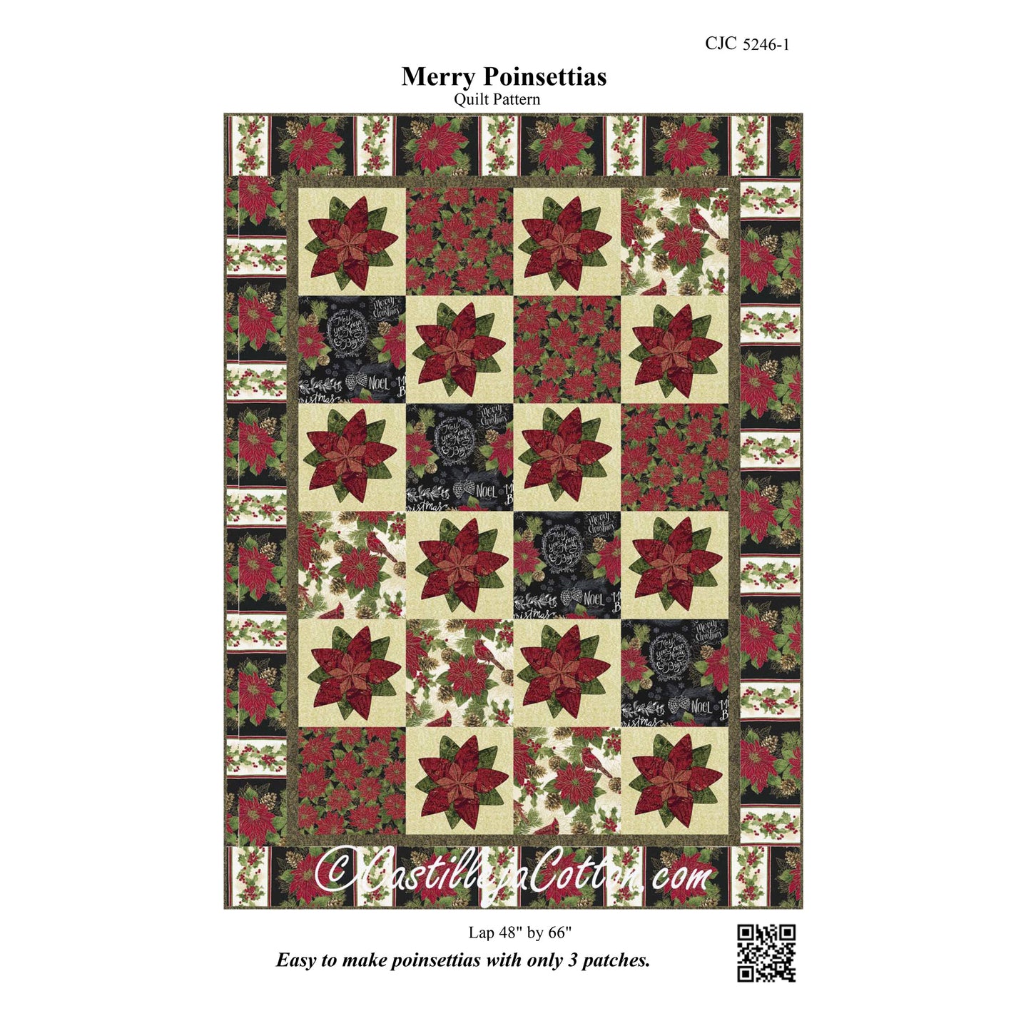 Image of the front cover of the Merry Poinsettia quilt pattern by Diane McGregor of Catilleja Cotton.