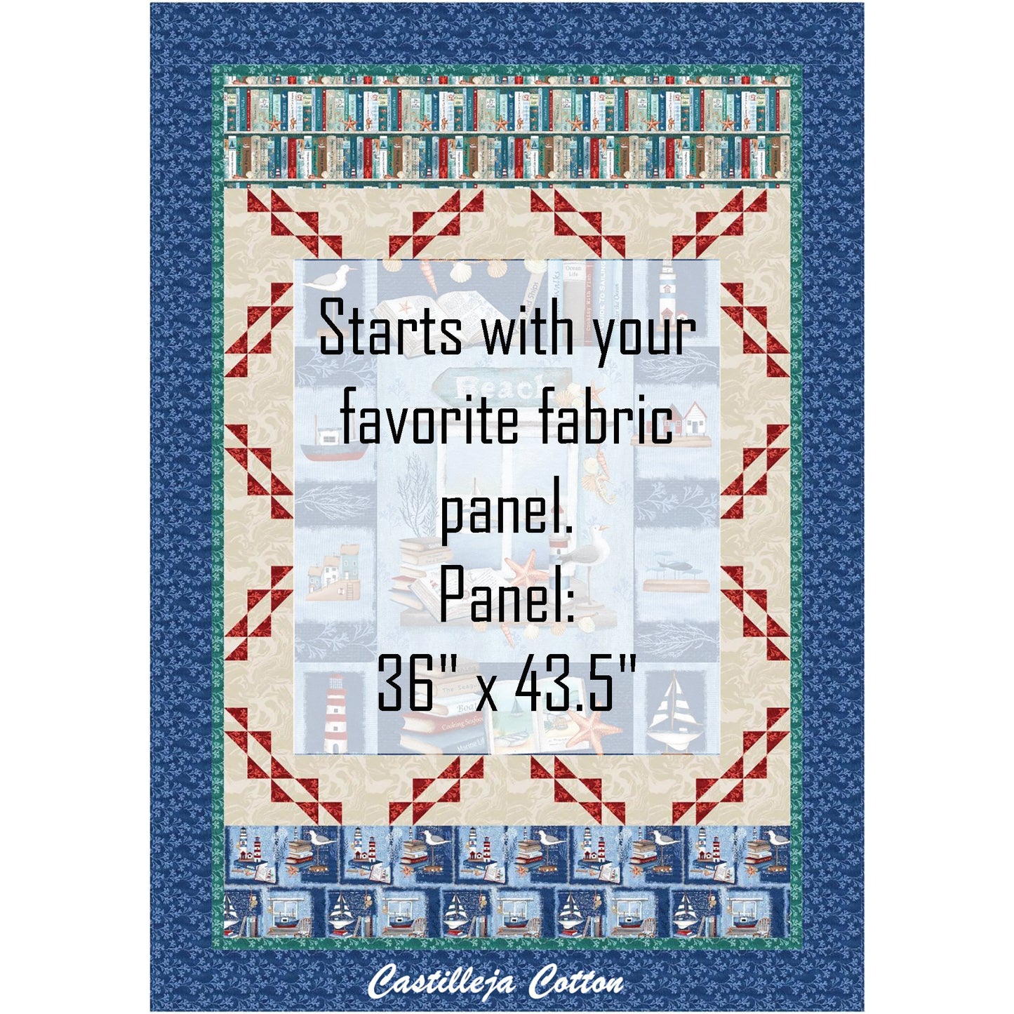 Beach Reads Twin quilt uses a panel and bird border blocks. The panel shows a window looking out on a waterway with sale boats and books and nautical items in front. Top border includes a books fabric and the bottom a similar books and nautical fabric. The middle panel is whited out to show where you can add your own panel.