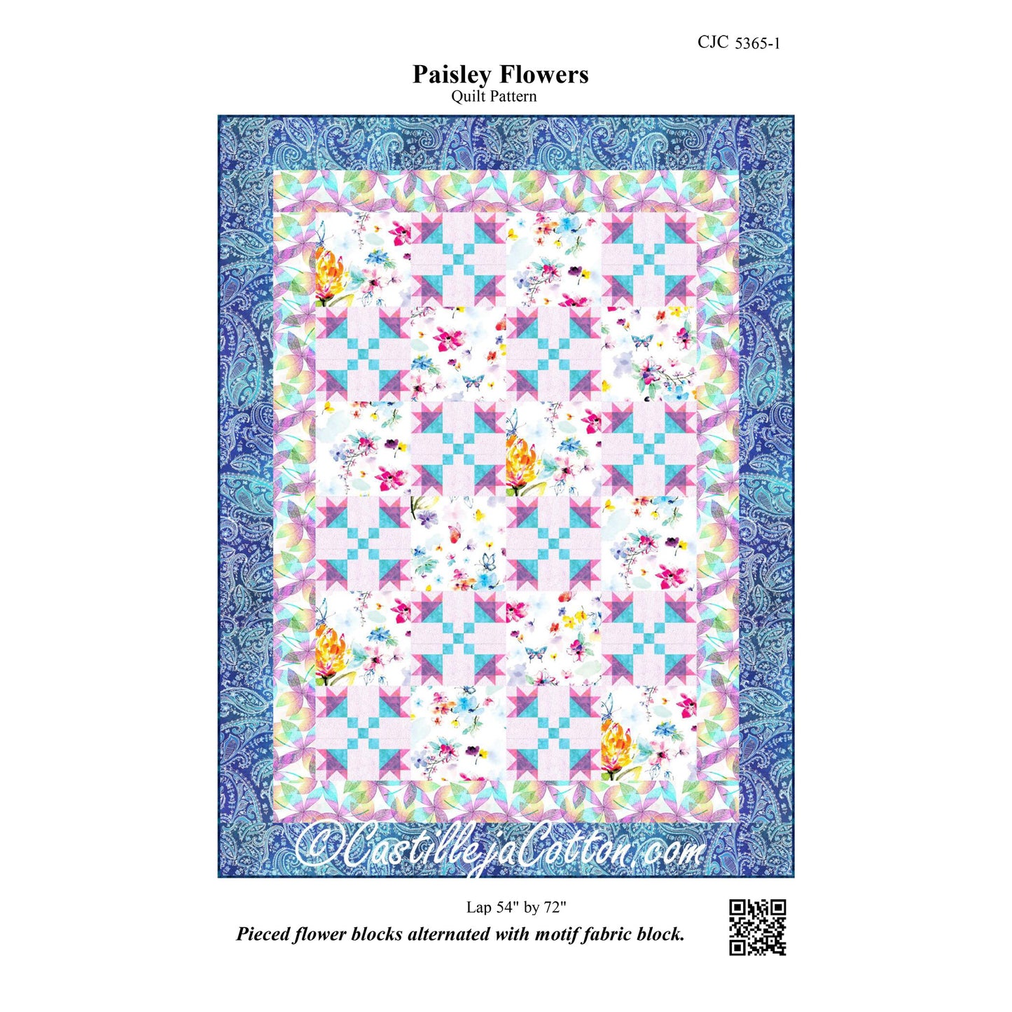 Quilt pattern with paisley flowers design on a blue border, featuring the brand 'Castilleja Cotton'.