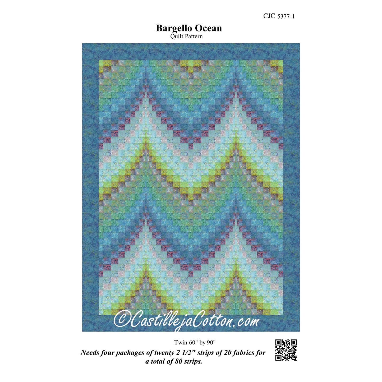 Bargello Ocean quilt pattern with a bargello design on a blue background, by Castilleja Cotton branding.