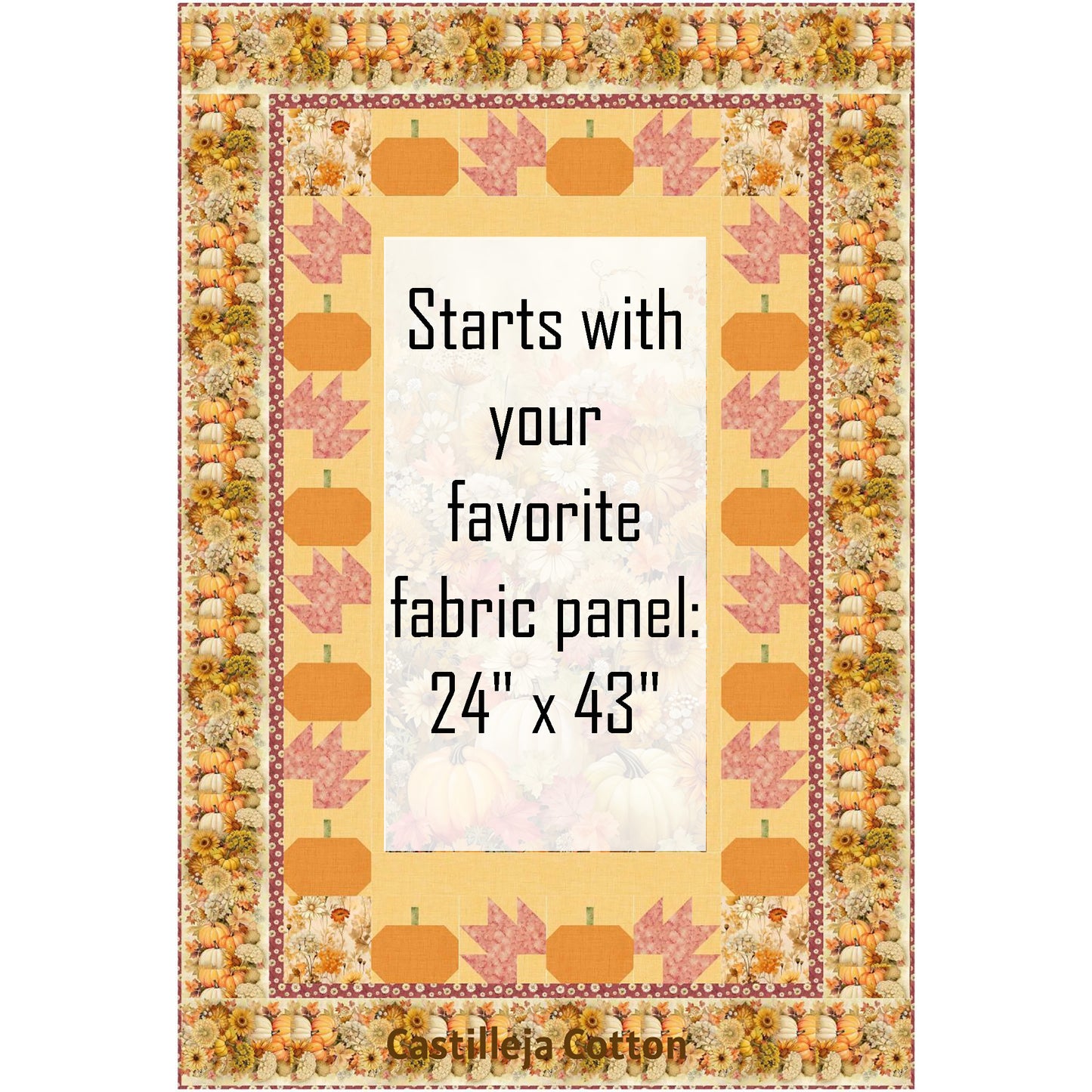 Whisper Pumpkins quilt showcases an autumn panel with a pieced border of pumpkins and leaves. This image shows a while patch where the panel would go in the middle of this quilt. Panel measurements are 24-inches by 43-inches.