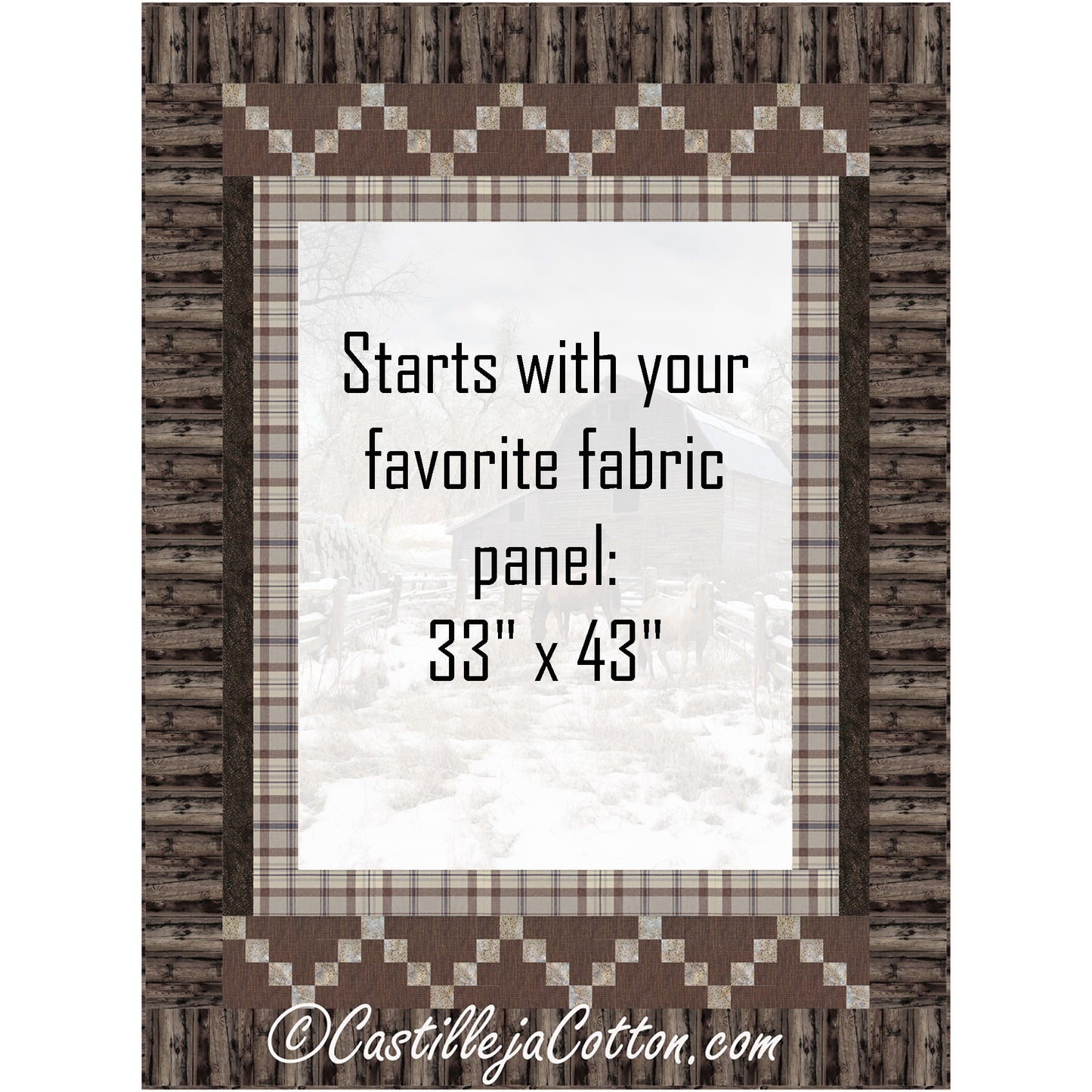 Winter Pasture quilt features a horse panel with horses eating in the snow with two simple pieced borders: staggered irish chain blocks. This image includes a note where the panel would go telling you where you would add your own fabric panel. Size of panel needed is 33-inches by 43-inches.