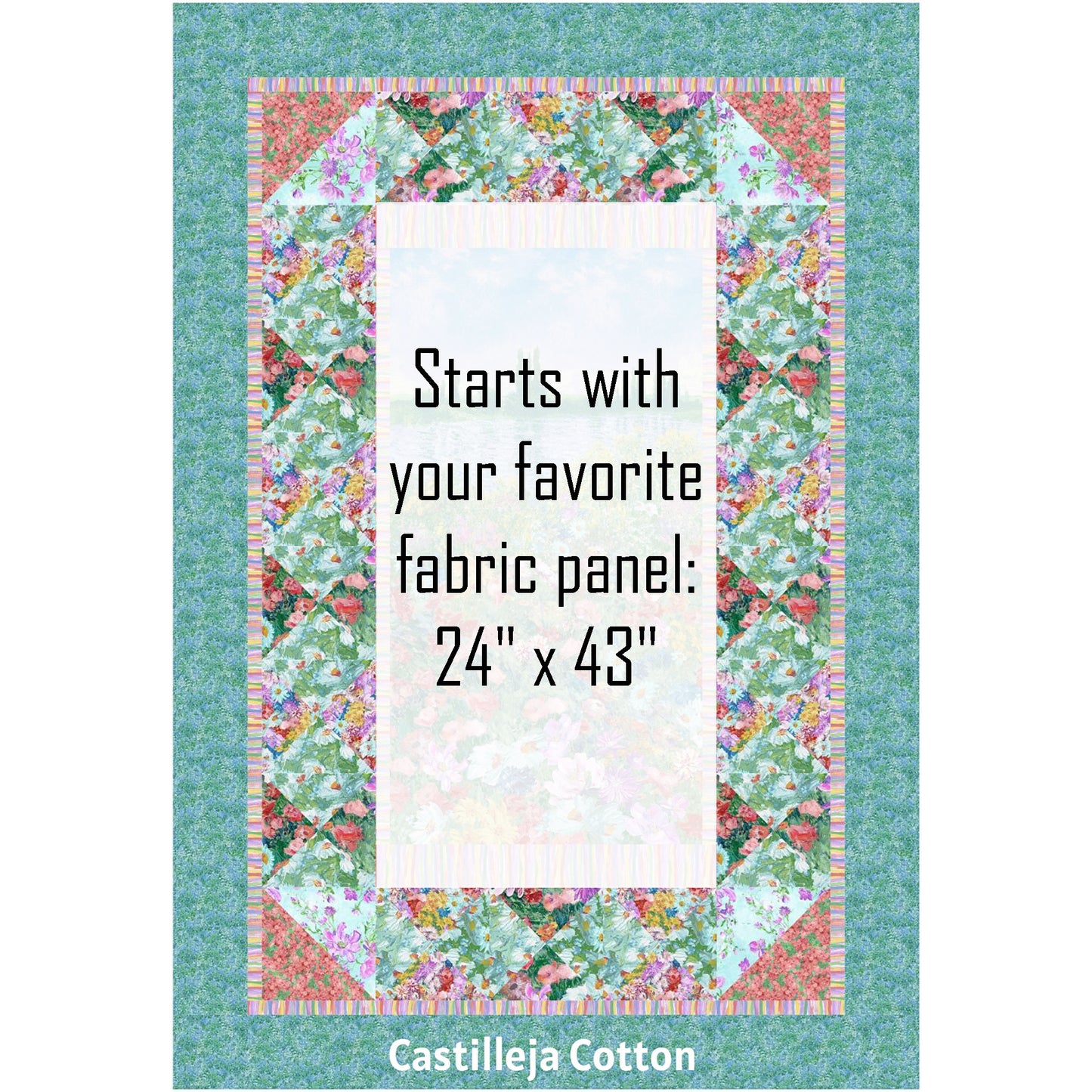 Blooming Impression quilt features a beautiful floral panel with a simple, pieced border. The border has a lattice feel though they are just hourglass blocks. The panel has been made white so you can see where you would add your own fabric panel. Panel needed is 24 inches by 43 inches.